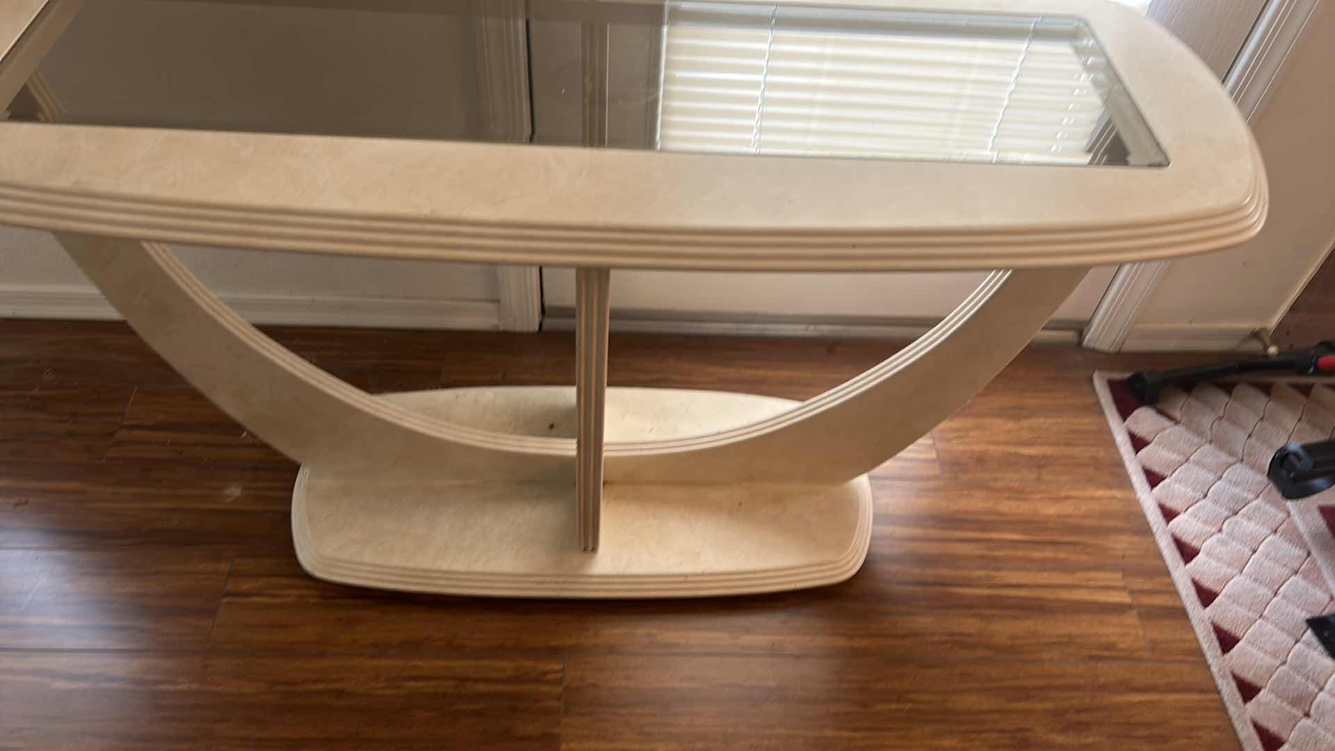 Photo 1 of CONTEMPORARY CREAM ENTRY TABLE, METAL W GLASS TOP 49” x 20” x 27”