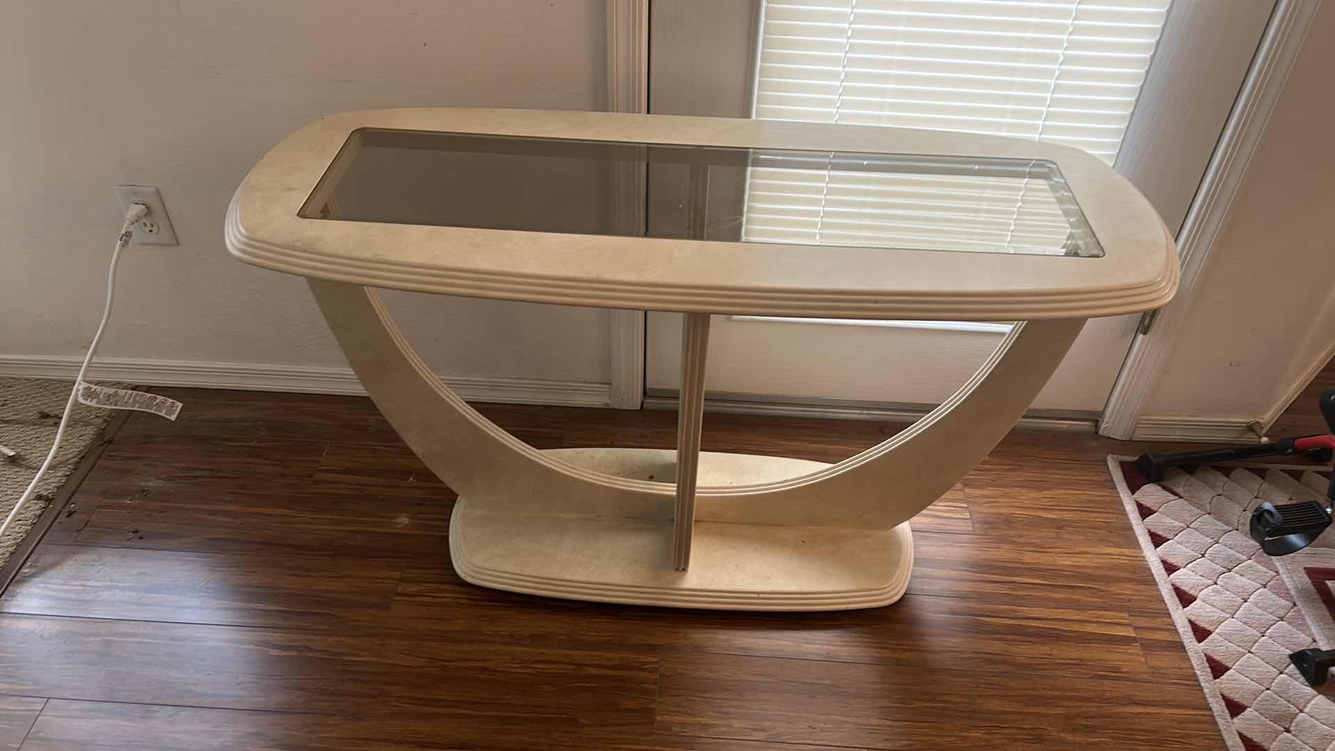 Photo 1 of CONTEMPORARY CREAM ENTRY TABLE, METAL W GLASS TOP 49” x 20” x 27”