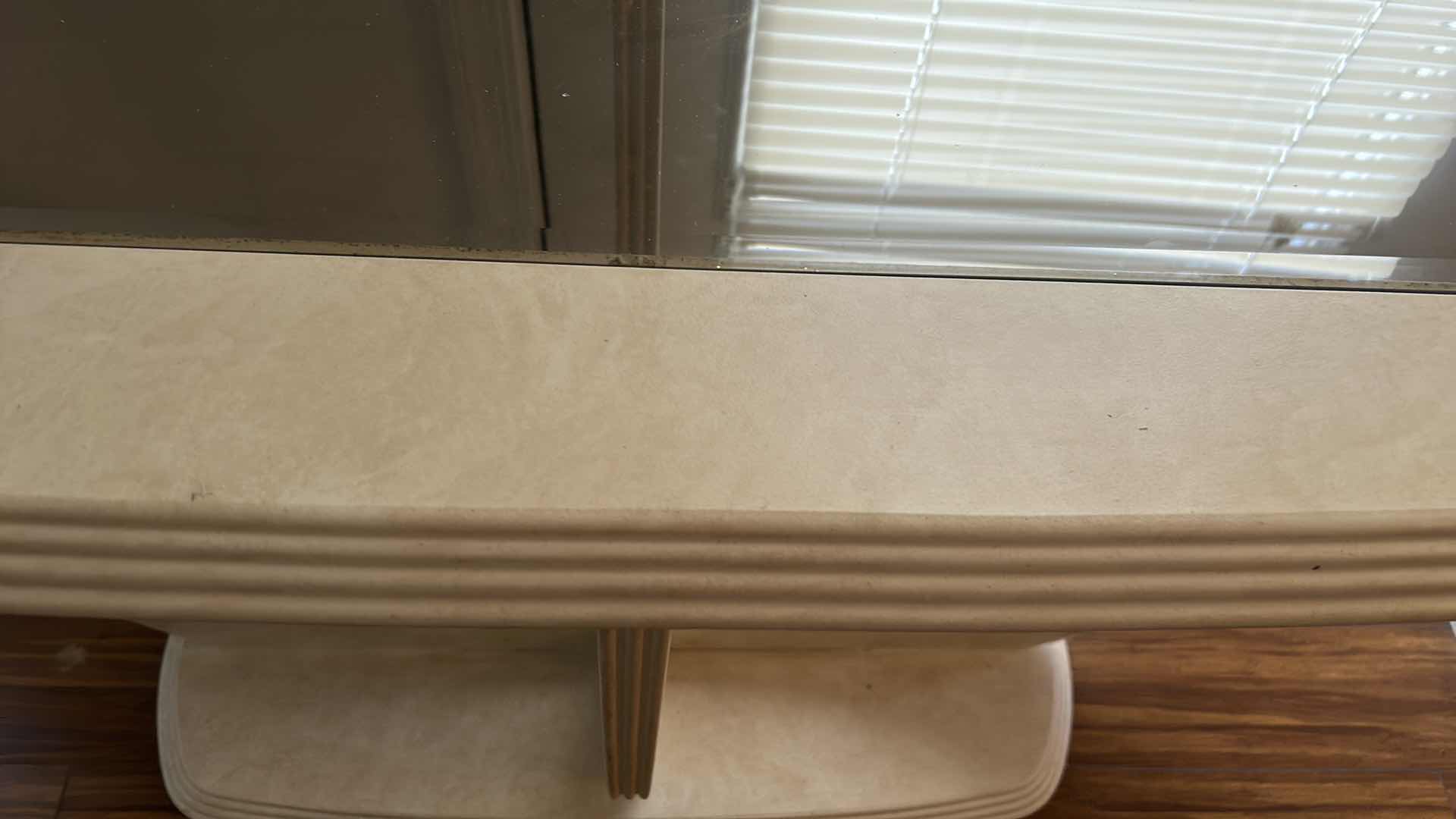 Photo 1 of CONTEMPORARY CREAM ENTRY TABLE, METAL W GLASS TOP 49” x 20” x 27”