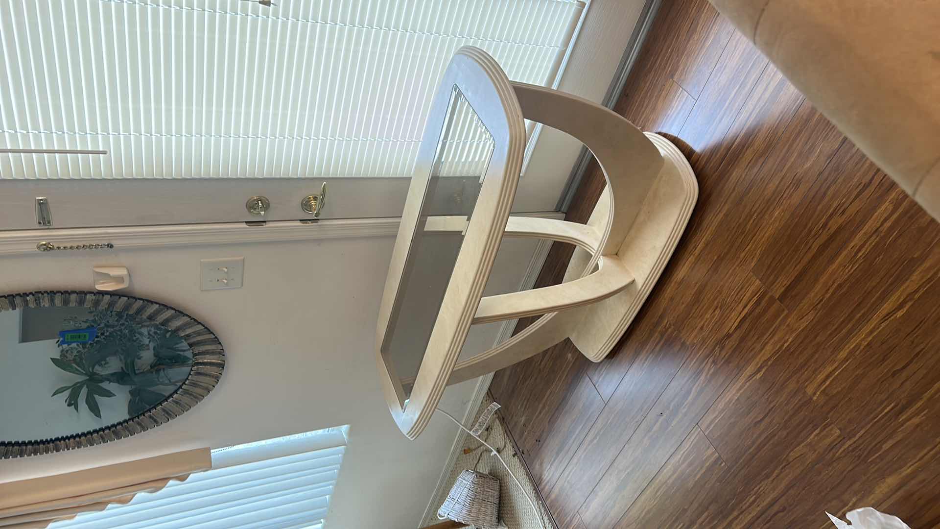 Photo 1 of CONTEMPORARY CREAM ENTRY TABLE, METAL W GLASS TOP 49” x 20” x 27”