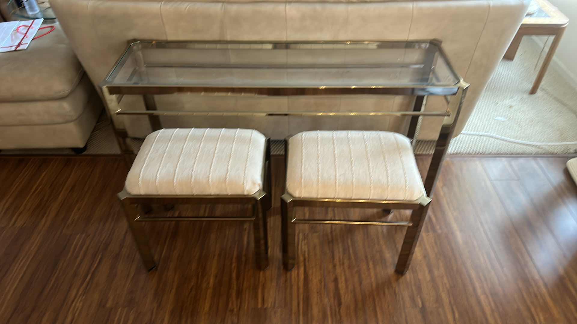 Photo 1 of MIDCENTURY MODERN 1979s MILO BAUGHMAN STYLE BRASS AND GLASS CONSOLE TABLE  w 2 STOOLS 51 1/2“ x 16“ x 26 1/2“