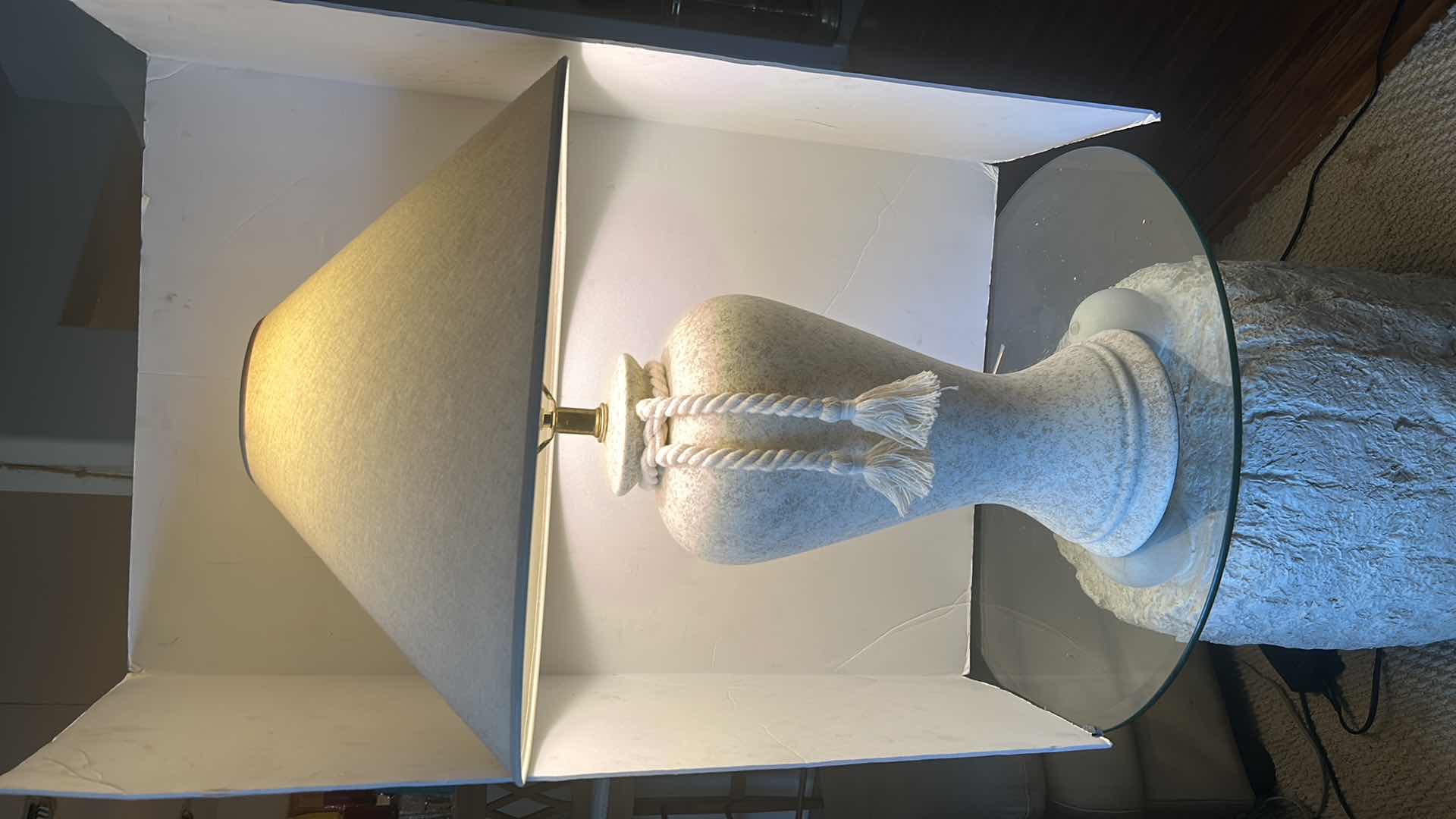 Photo 1 of OFF WHITE PLASTER TABLE LAMP W LINEN SHADE H33”