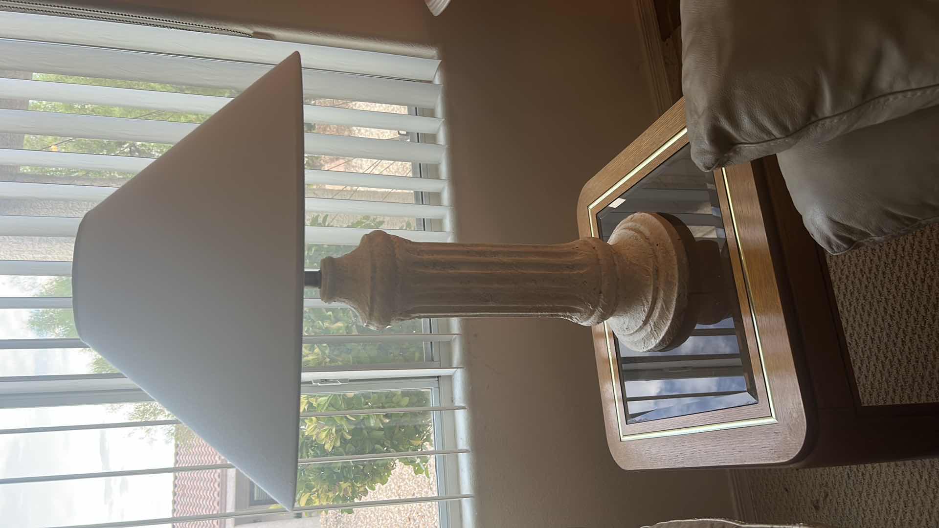 Photo 1 of PLASTER PILLAR TABLE LAMP W LINEN SHADE 32”