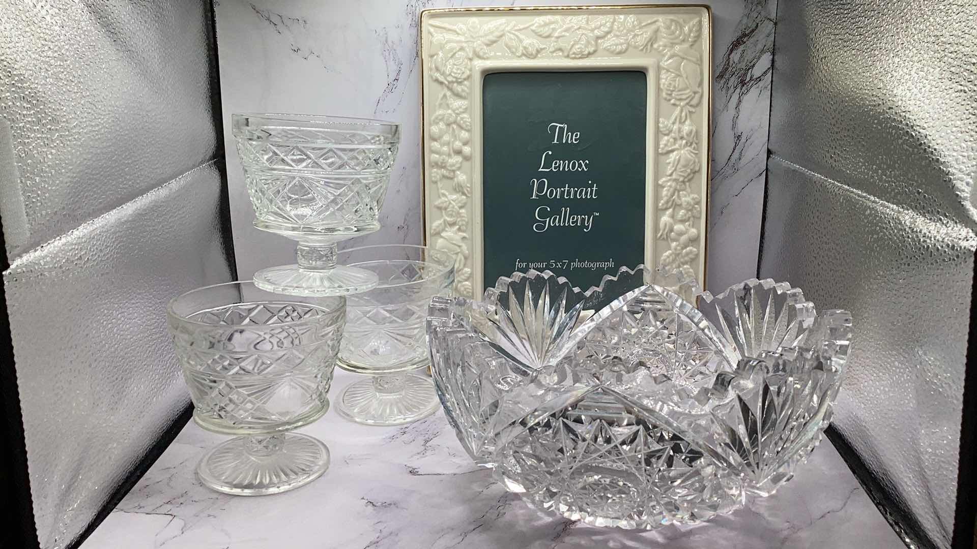 Photo 1 of LENOX PICTURE FRAME, LEADED CUT CRYSTAL BOWL AND 3 DESSERT CUPS