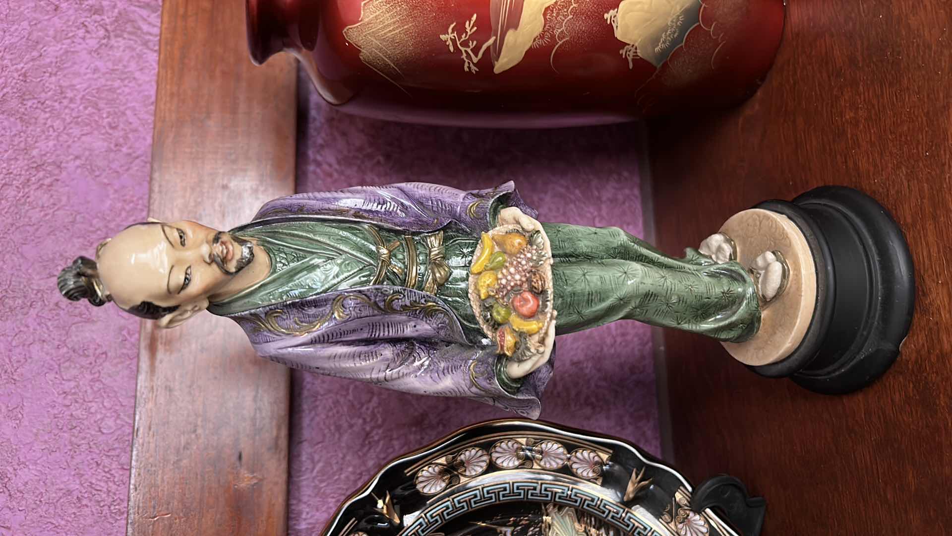 Photo 3 of 4 PIECE HOME DECOR COLLECTIBLES HAND MADE PLATE ITALY 24K GOLD, FIGURINE MADE ON ITALY, 2 ASIAN VASES