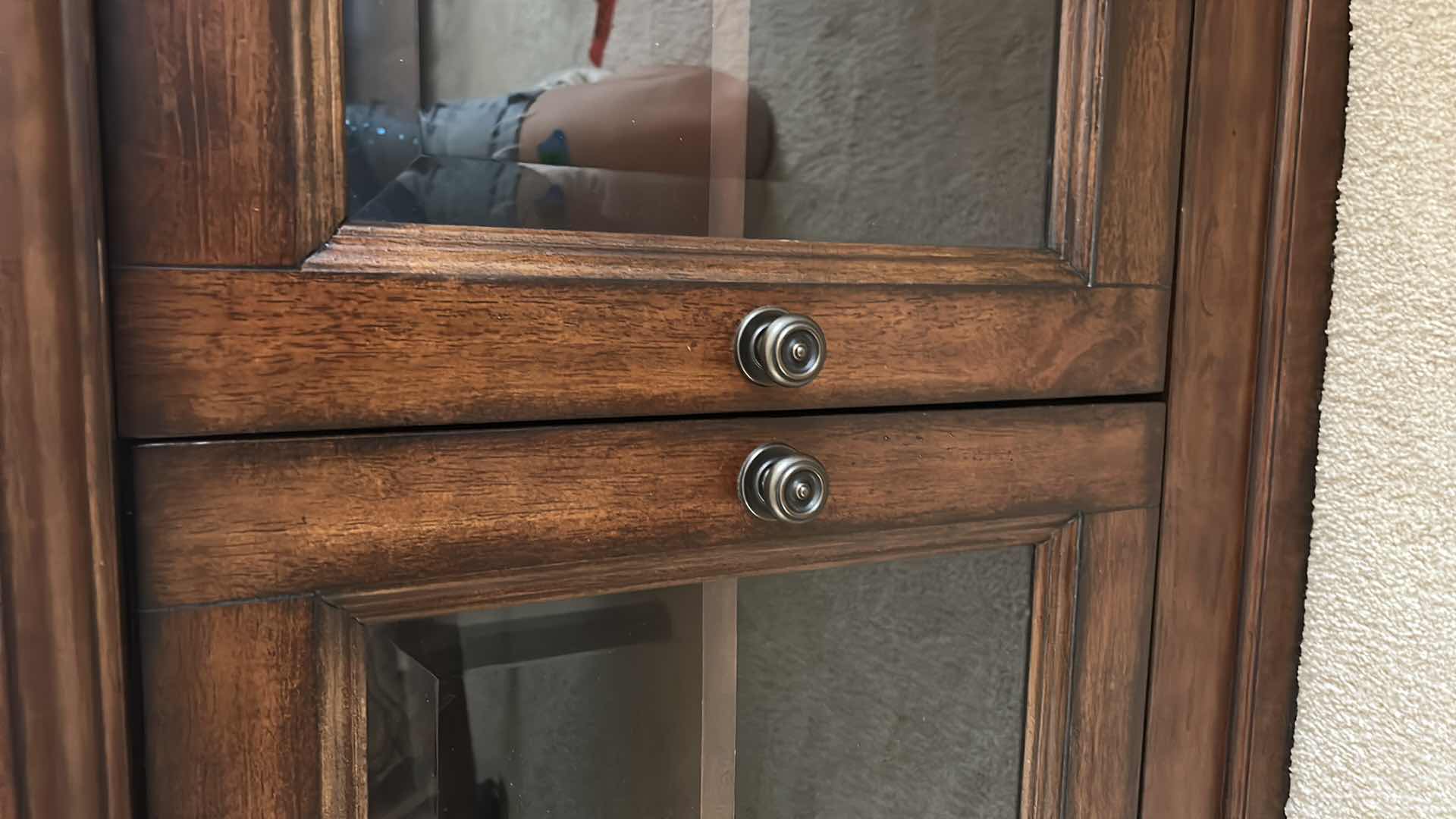 Photo 1 of BASSET WOOD MEDIA CABINET WITH BEVELED GLASS AND COMES WITH REMOVABLE WOOD INSERTS TO CHANGE OUT GLASS. 59” x 24.5” x H26”