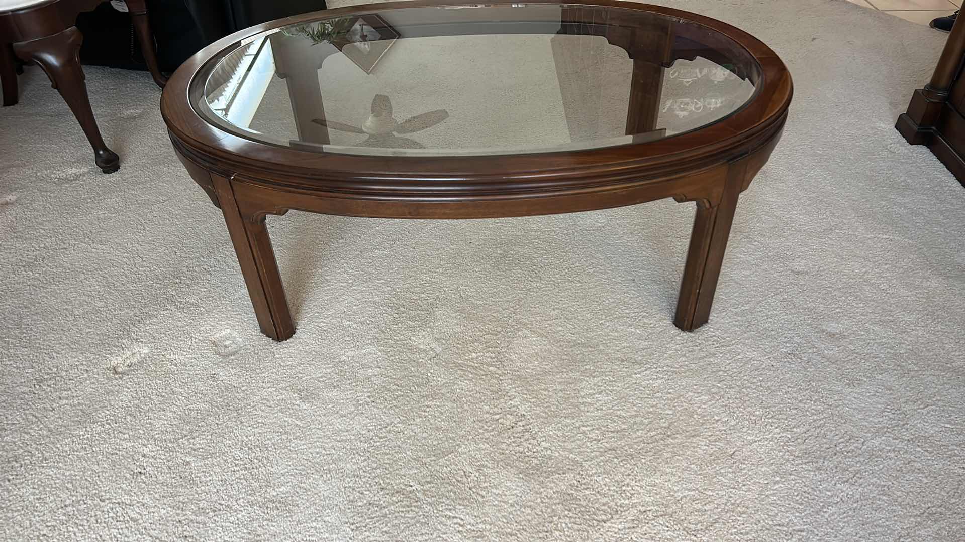 Photo 1 of ETHAN ALLEN WOOD COFFEE TABLE WITH BEVELED GLASS TOP 44” x 29.5”