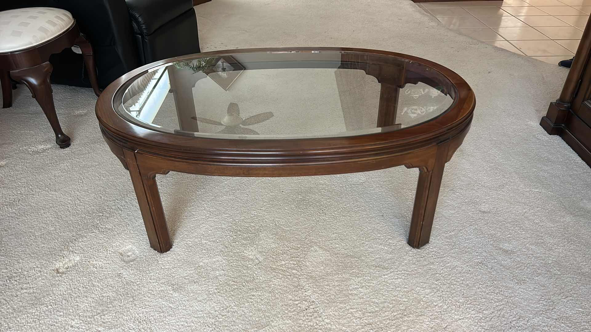 Photo 1 of ETHAN ALLEN WOOD COFFEE TABLE WITH BEVELED GLASS TOP 44” x 29.5”