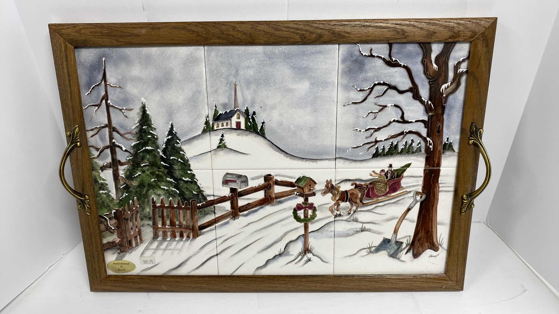 Photo 1 of WOOD FRAMED HAND PAINTED TILES  TRAY 19” X 14” 