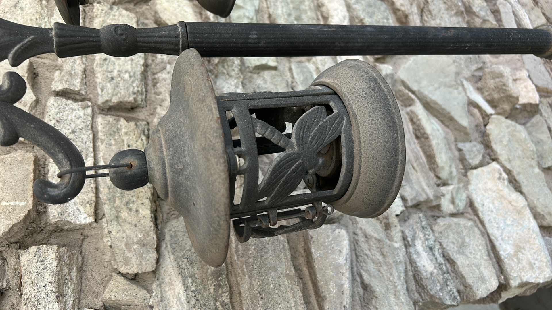 Photo 1 of HEAVY WROUGHT IRON VINTAGE LATERNS ON STAND WITH DRAGONFLY MOTIF H58"
