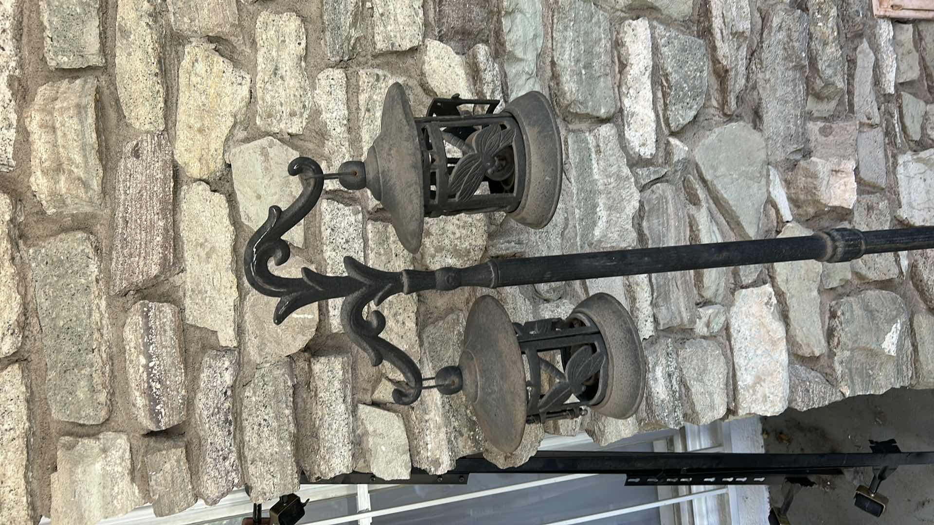 Photo 1 of HEAVY WROUGHT IRON VINTAGE LATERNS ON STAND WITH DRAGONFLY MOTIF H58"
