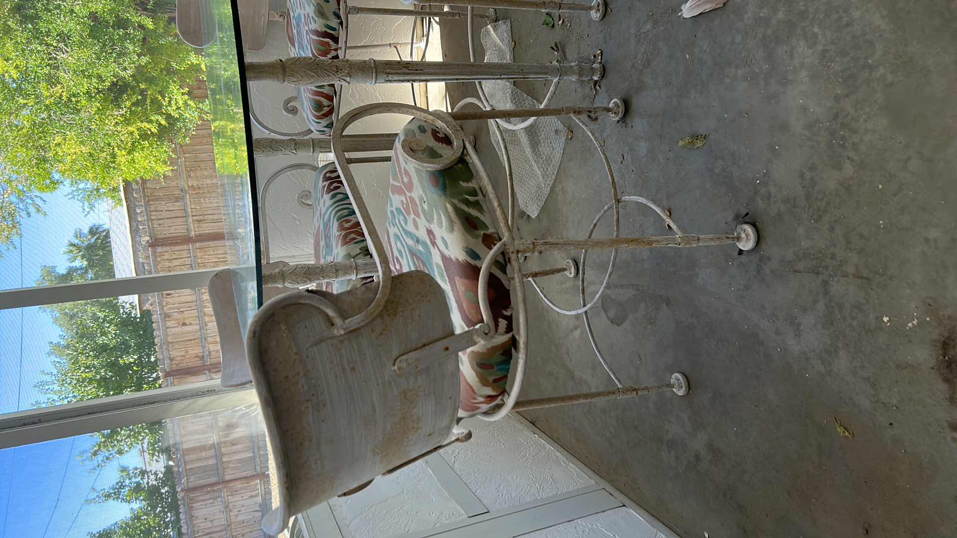 Photo 1 of VINTAGE METAL PATIO DINING SET, ANTIQUE WHITE WITH GLASS TOP 42' ROUND AND 4 CHAIRS