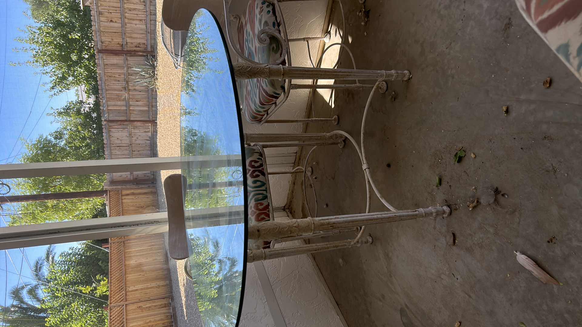 Photo 1 of VINTAGE METAL PATIO DINING SET, ANTIQUE WHITE WITH GLASS TOP 42' ROUND AND 4 CHAIRS