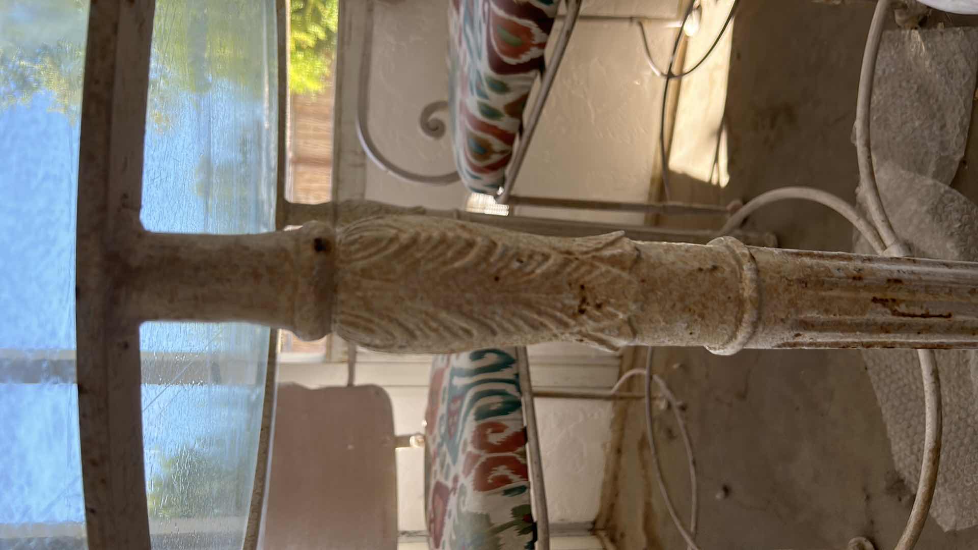 Photo 1 of VINTAGE METAL PATIO DINING SET, ANTIQUE WHITE WITH GLASS TOP 42' ROUND AND 4 CHAIRS