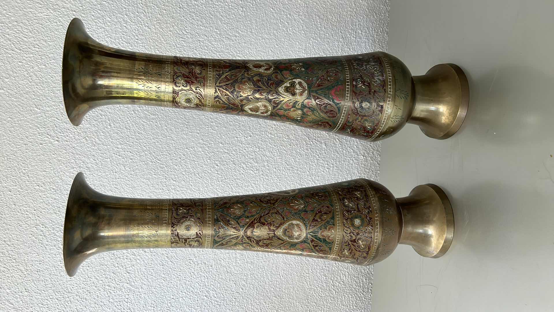 Photo 1 of TWO BRASS VASES ETCHED AND PAINTED H23 1/2"