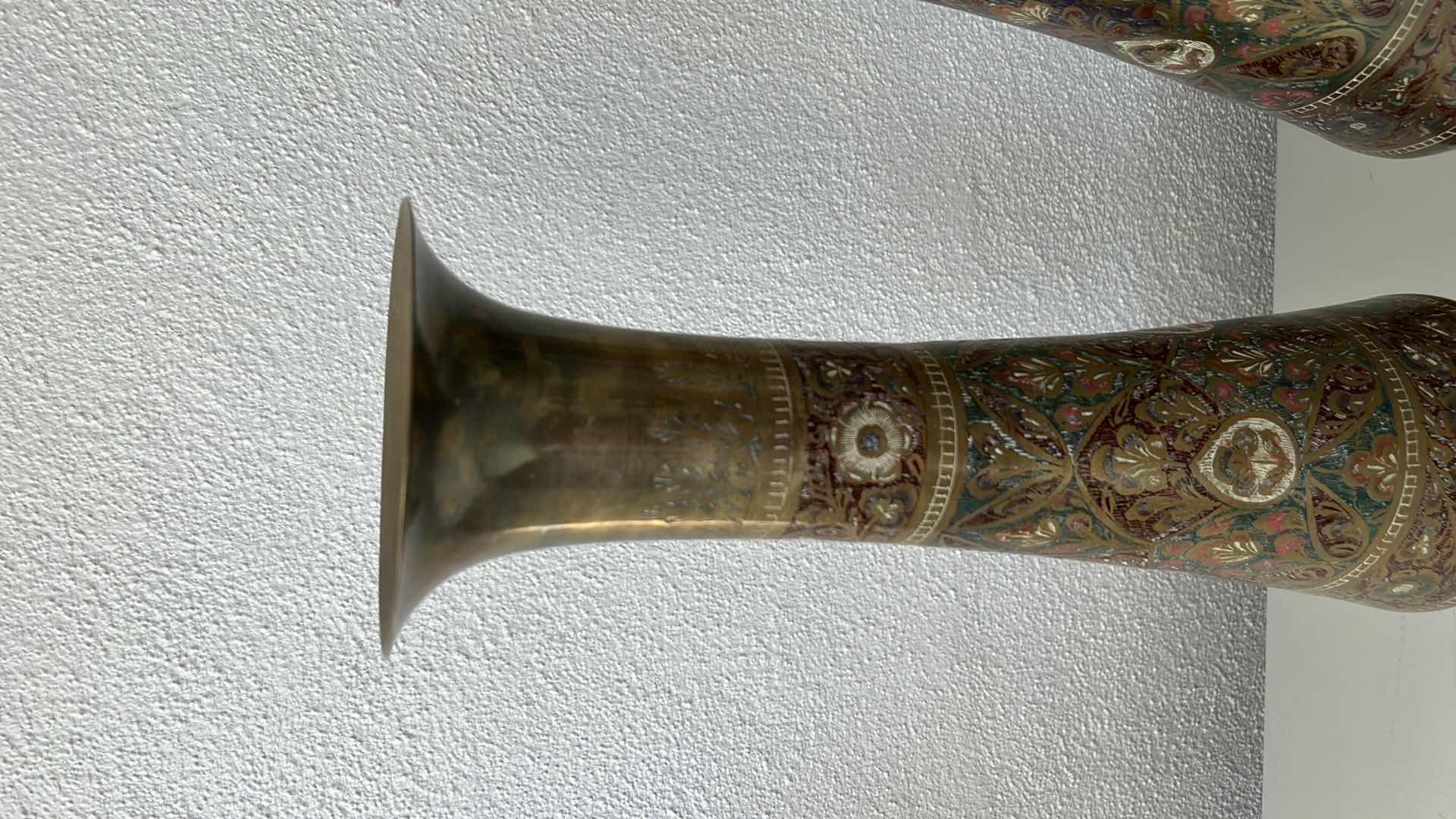 Photo 3 of TWO BRASS VASES ETCHED AND PAINTED H23 1/2"
