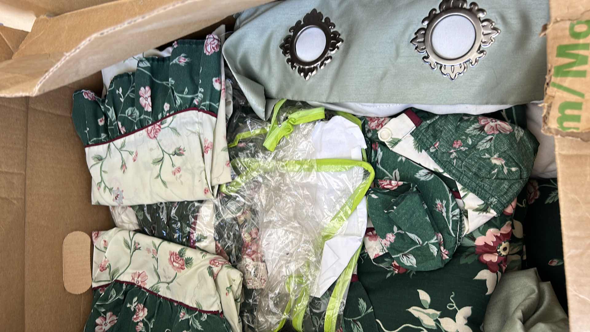 Photo 1 of BOX FULL OF HOME LINENS, COMFORTER SET, DRAPES BLANKETS AND MORE