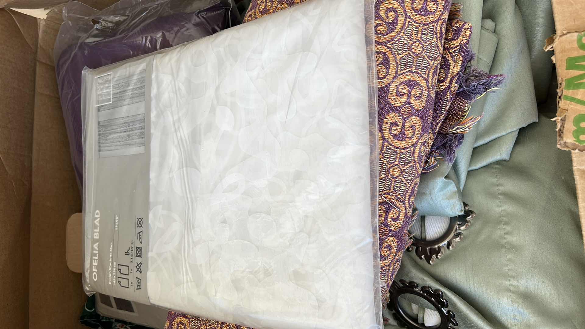 Photo 1 of BOX FULL OF HOME LINENS, COMFORTER SET, DRAPES BLANKETS AND MORE