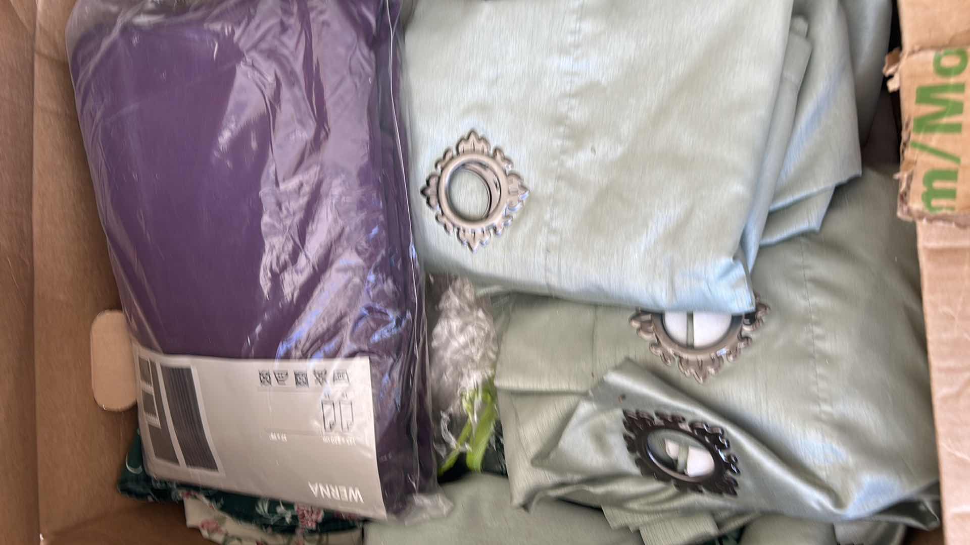 Photo 1 of BOX FULL OF HOME LINENS, COMFORTER SET, DRAPES BLANKETS AND MORE