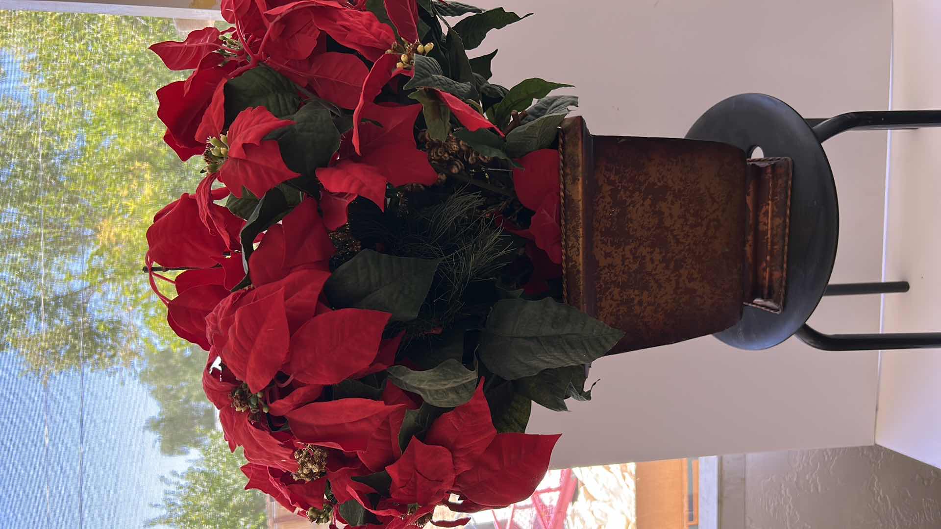 Photo 1 of FAUX POINSETTIA PLANT WITH STAND, OVERALL H 43”