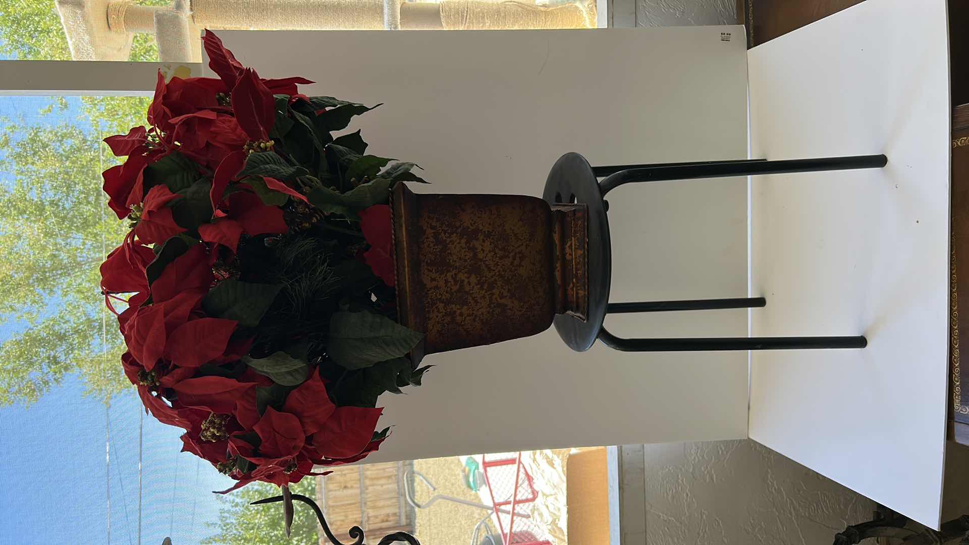 Photo 1 of FAUX POINSETTIA PLANT WITH STAND, OVERALL H 43”
