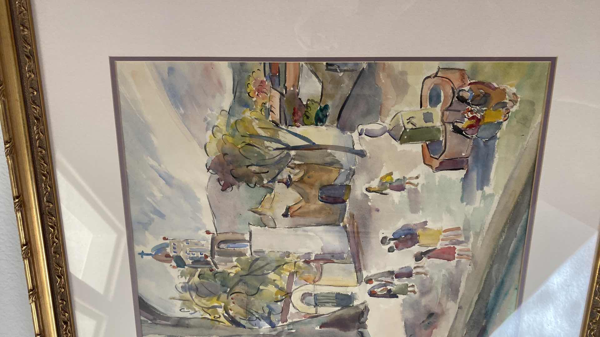 Photo 1 of GOLD FRAMED WATER COLOR CHURCH AND PEOPLE 29” x 35”