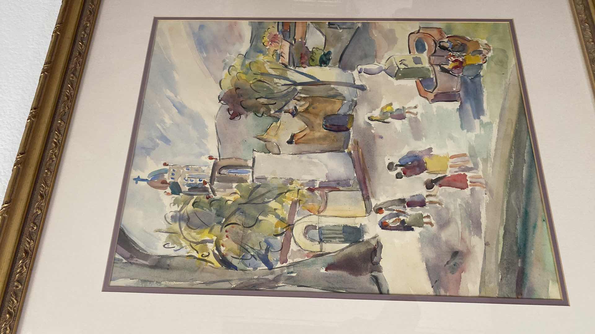 Photo 1 of GOLD FRAMED WATER COLOR CHURCH AND PEOPLE 29” x 35”