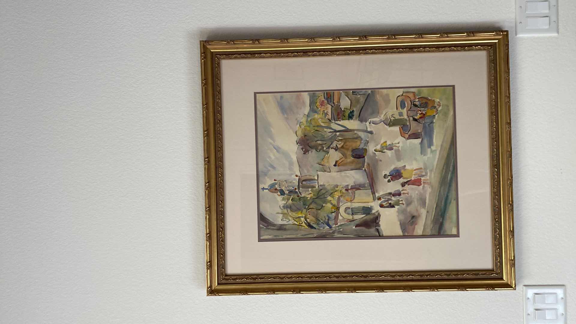Photo 1 of GOLD FRAMED WATER COLOR CHURCH AND PEOPLE 29” x 35”