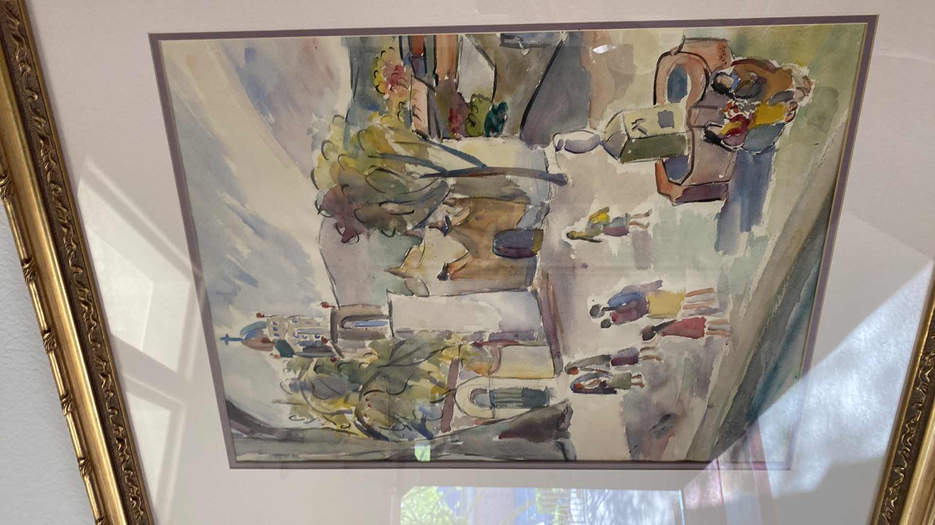 Photo 1 of GOLD FRAMED WATER COLOR CHURCH AND PEOPLE 29” x 35”