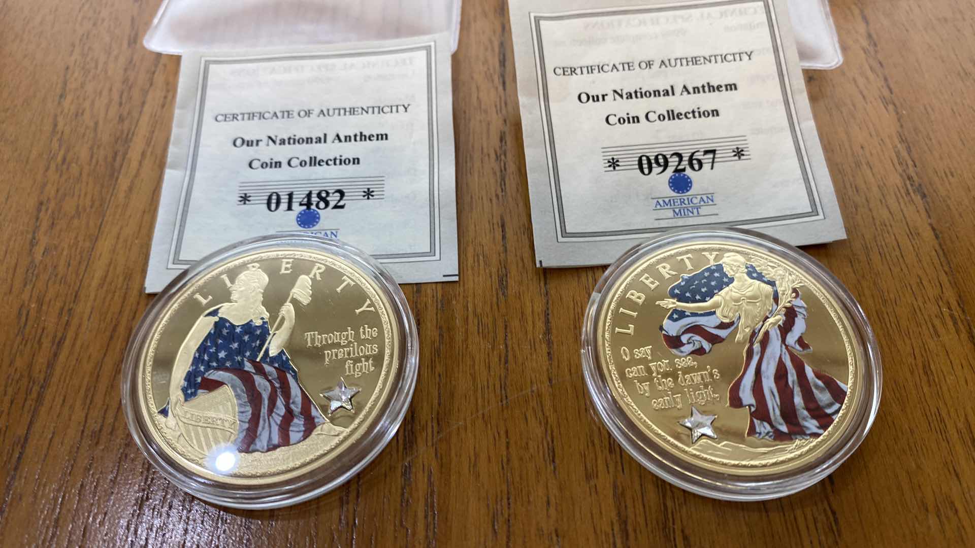 Photo 1 of PAIR OF AMERICAN MINT TRIBUTE TO NATIONAL ANTHEM COMMEMORATIVE COIN SWAROVSKI CRYSTAL 