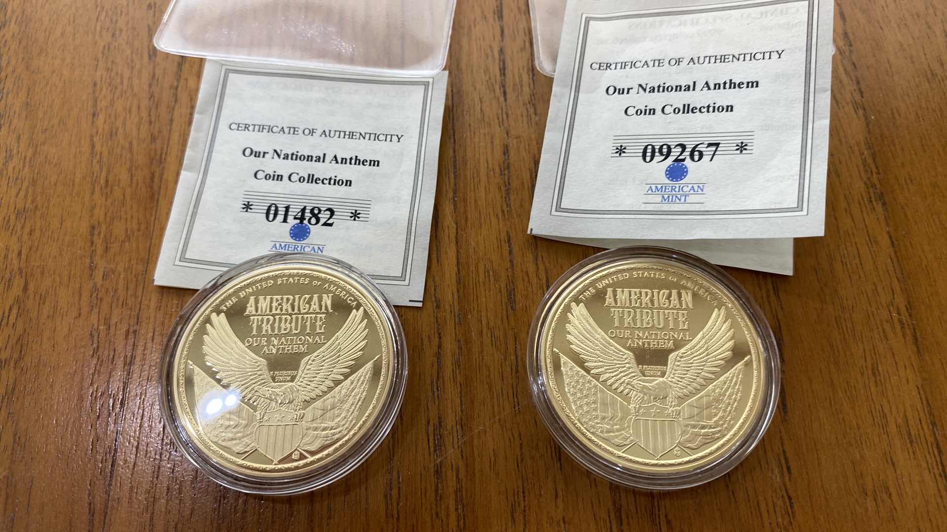 Photo 1 of PAIR OF AMERICAN MINT TRIBUTE TO NATIONAL ANTHEM COMMEMORATIVE COIN SWAROVSKI CRYSTAL 