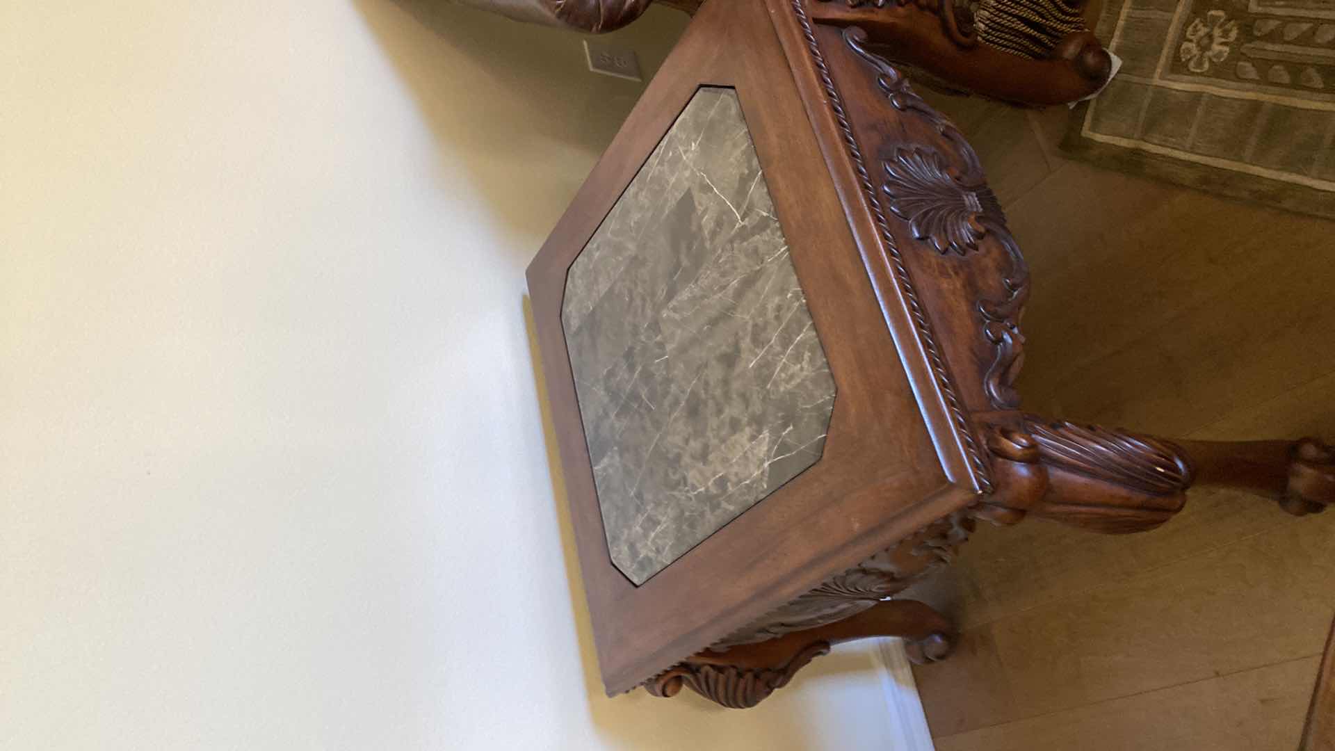 View 3 of ORNATE WOOD AND MARBLE END TABLE 28” X 28” H26”