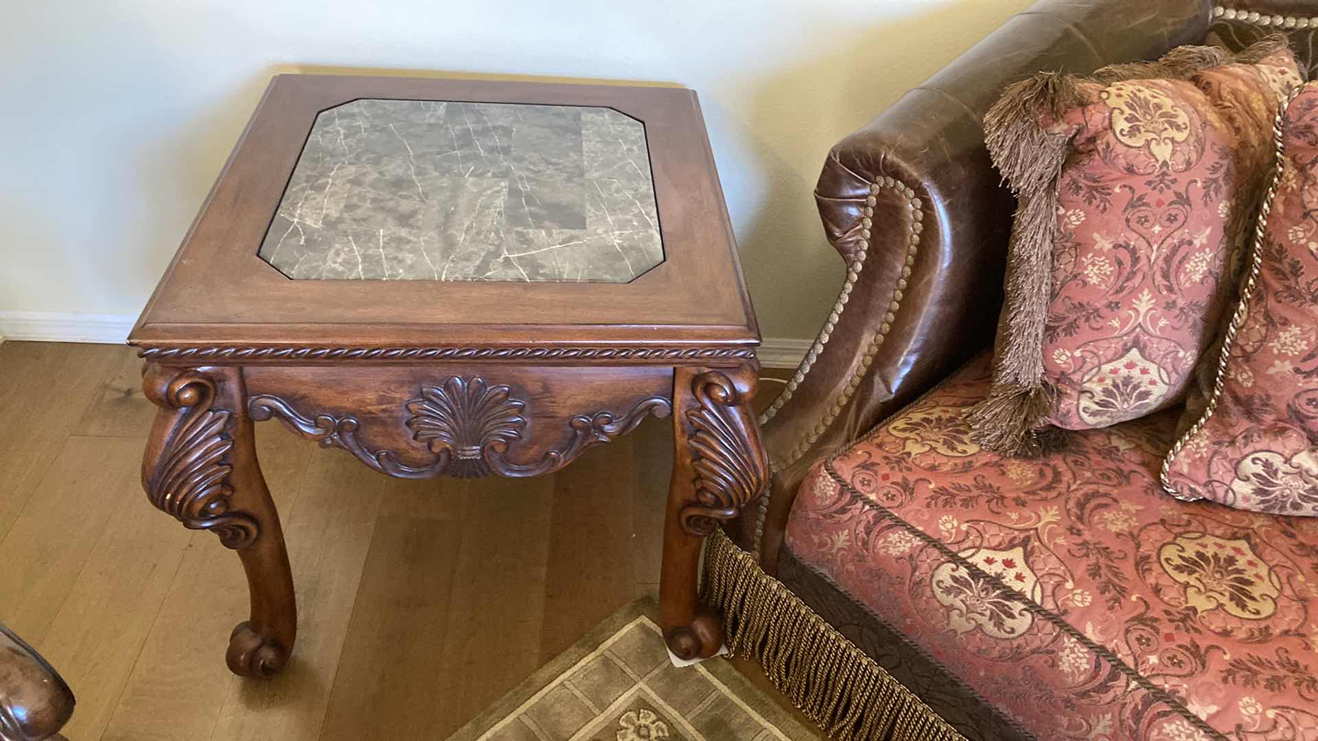 View 5 of ORNATE WOOD AND MARBLE END TABLE 28” X 28” H26”