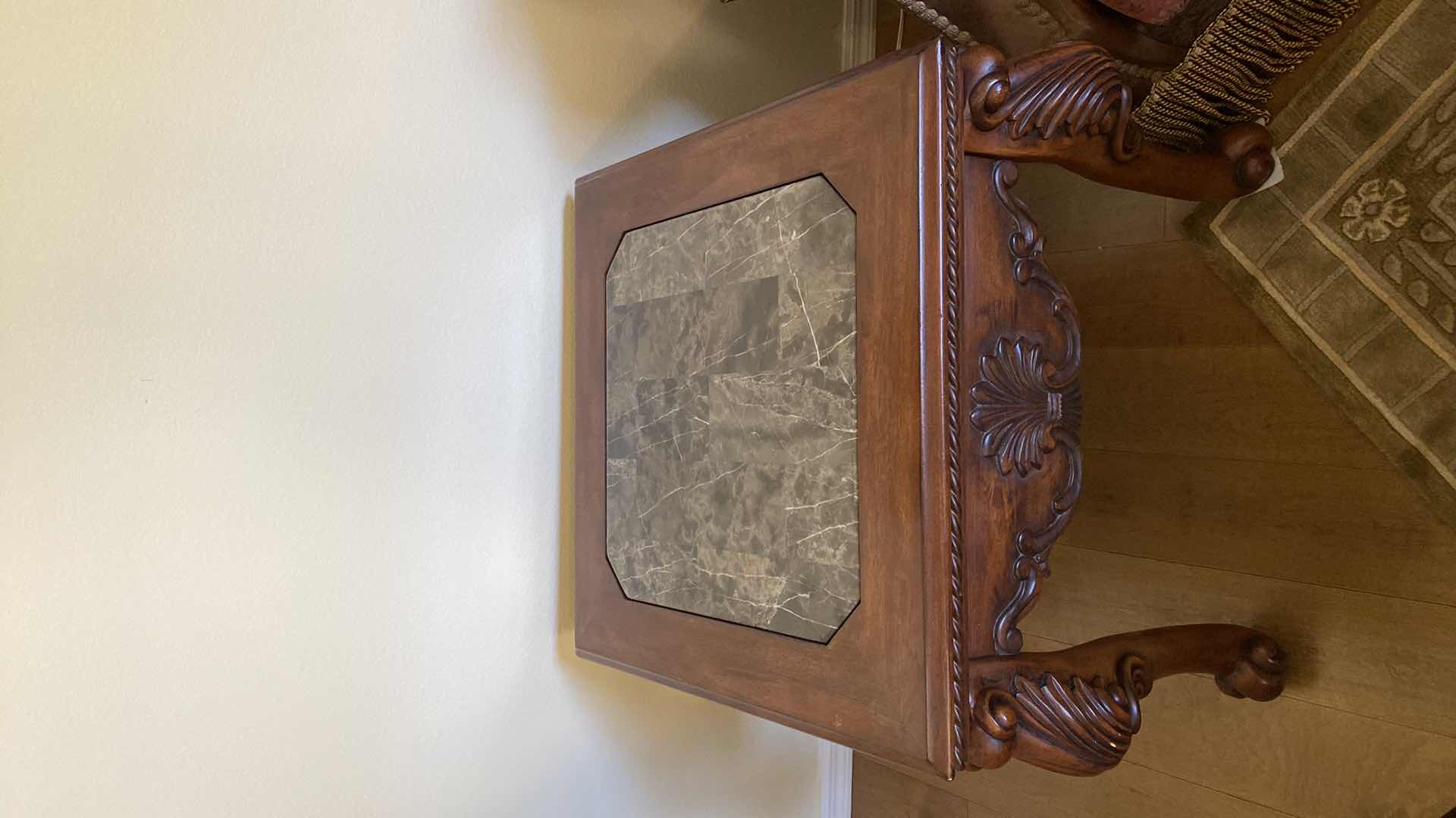View 2 of ORNATE WOOD AND MARBLE END TABLE 28” X 28” H26”