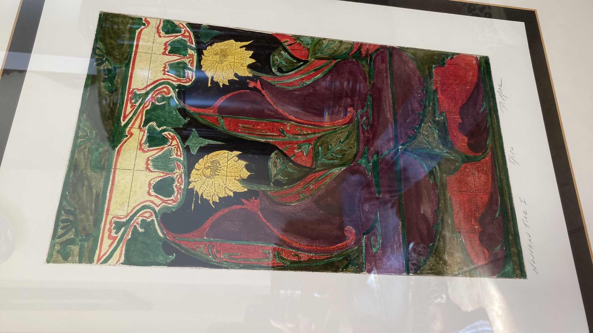 Photo 1 of FRAMED LAWRENCE UNLIMITED ARTWORK NOUVEAU TILE 1 SIGNED 28 1/2“ x 35“