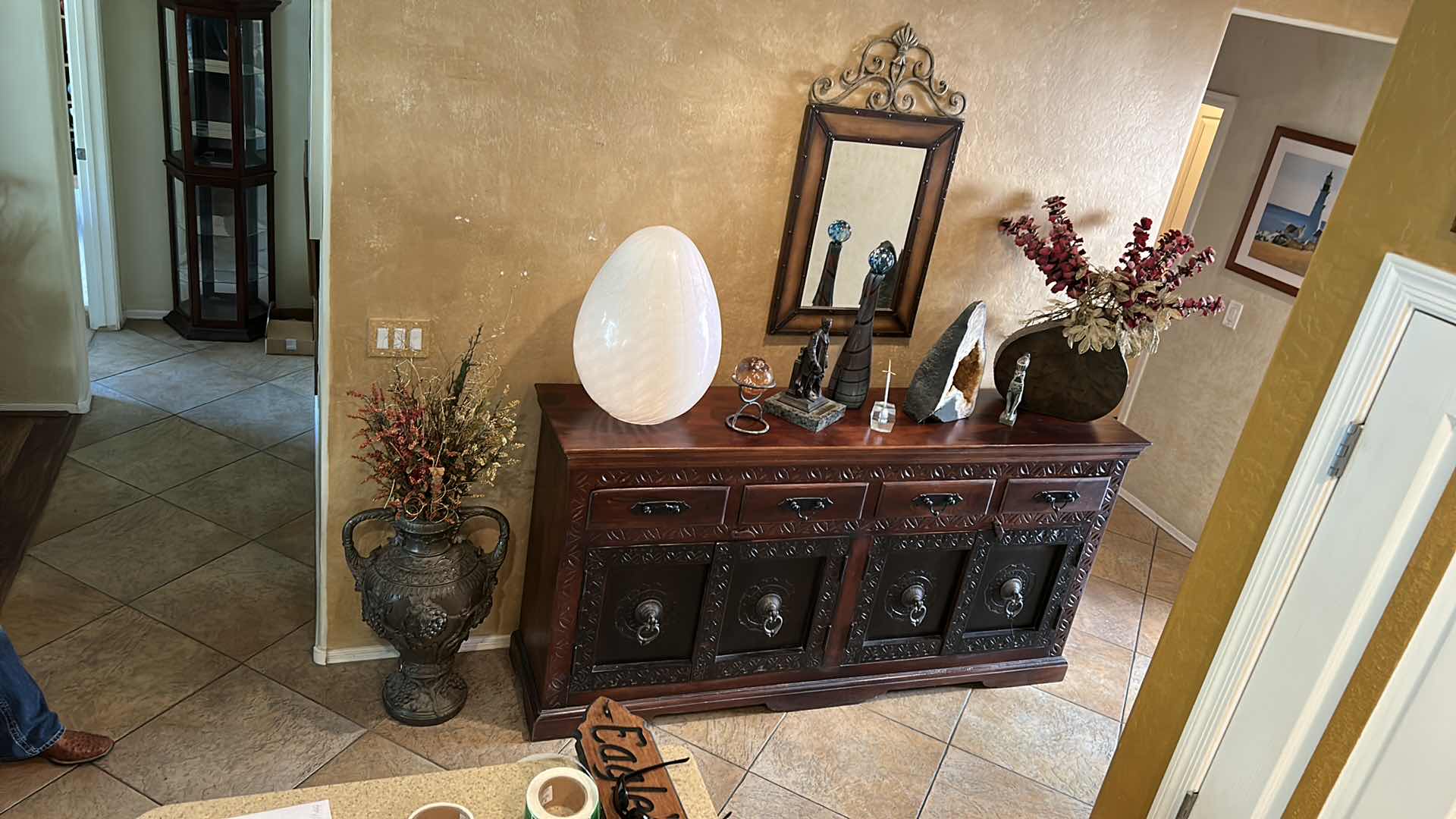 Photo 1 of LARGE HEAVY WOOD CARVED SIDEBOARD WITH METAL HARDWARE (All other items sold separately) 
82” x 18” x 41”