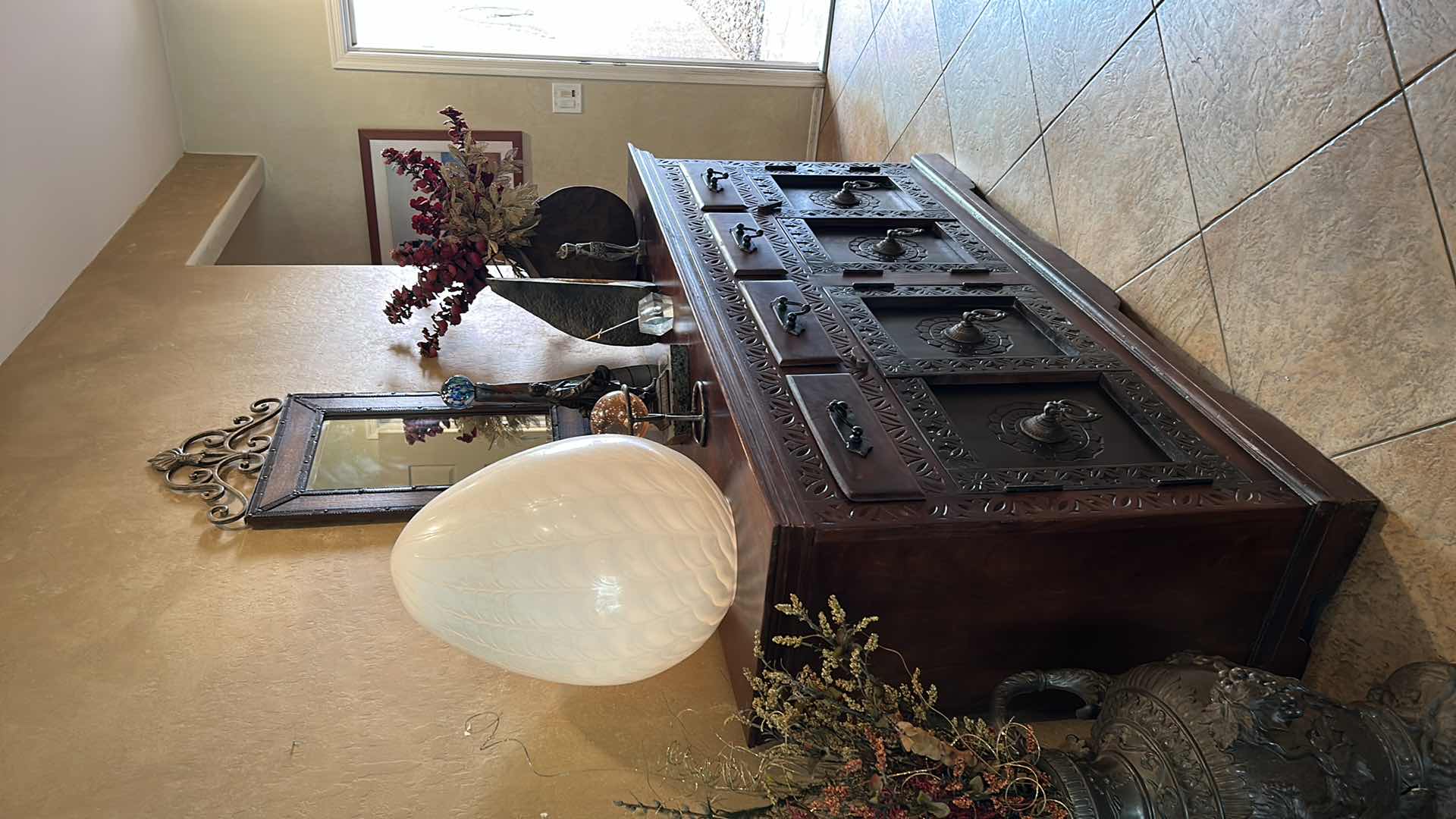 Photo 1 of LARGE HEAVY WOOD CARVED SIDEBOARD WITH METAL HARDWARE (All other items sold separately) 
82” x 18” x 41”