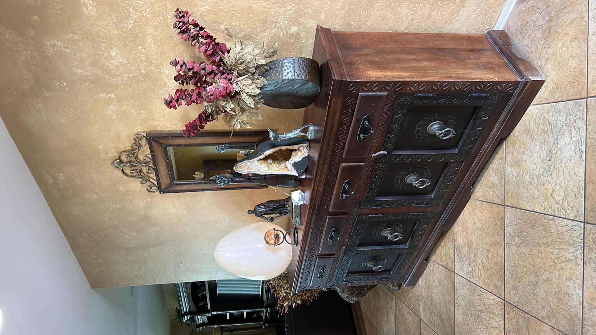 Photo 1 of LARGE HEAVY WOOD CARVED SIDEBOARD WITH METAL HARDWARE (All other items sold separately) 
82” x 18” x 41”