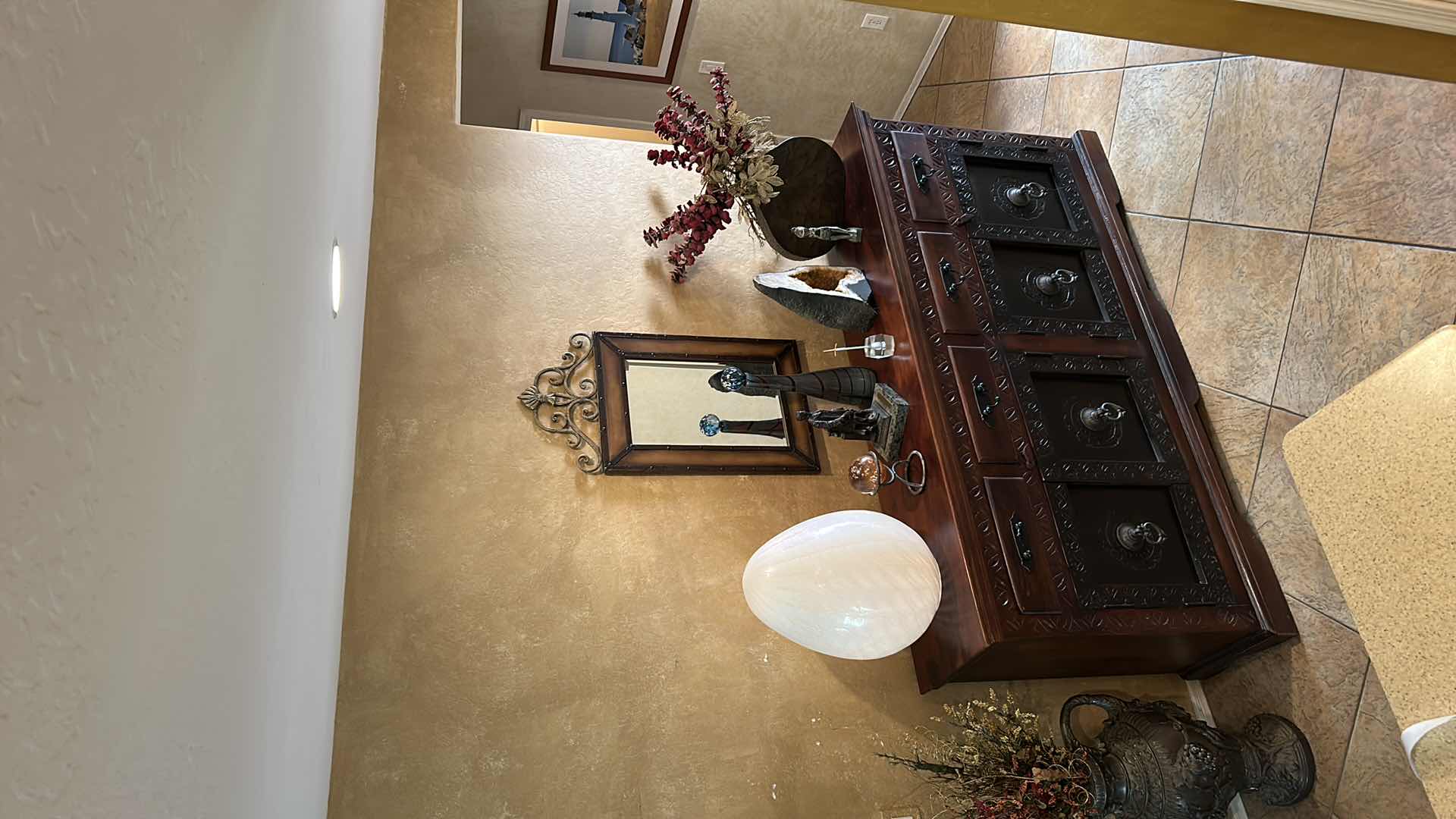 Photo 1 of LARGE HEAVY WOOD CARVED SIDEBOARD WITH METAL HARDWARE (All other items sold separately) 
82” x 18” x 41”