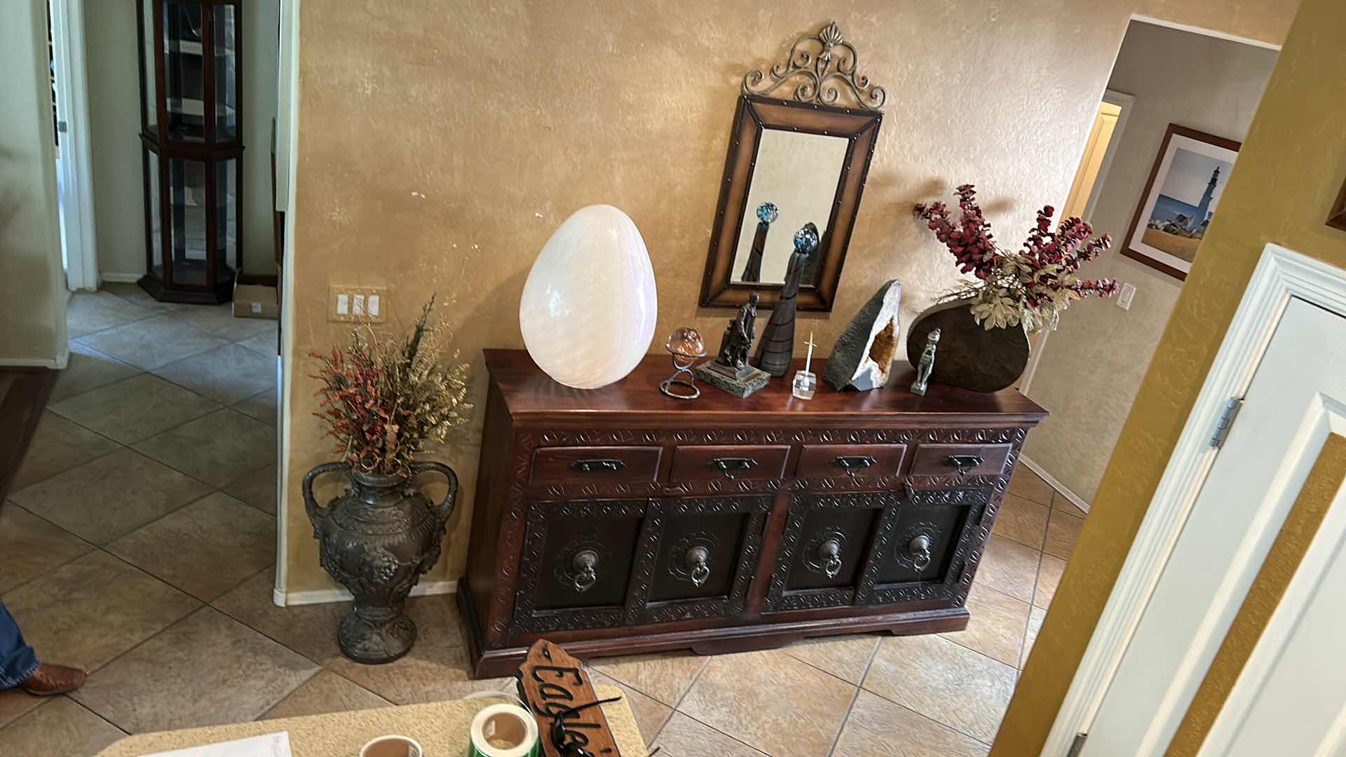 Photo 1 of LARGE HEAVY WOOD CARVED SIDEBOARD WITH METAL HARDWARE (All other items sold separately) 
82” x 18” x 41”