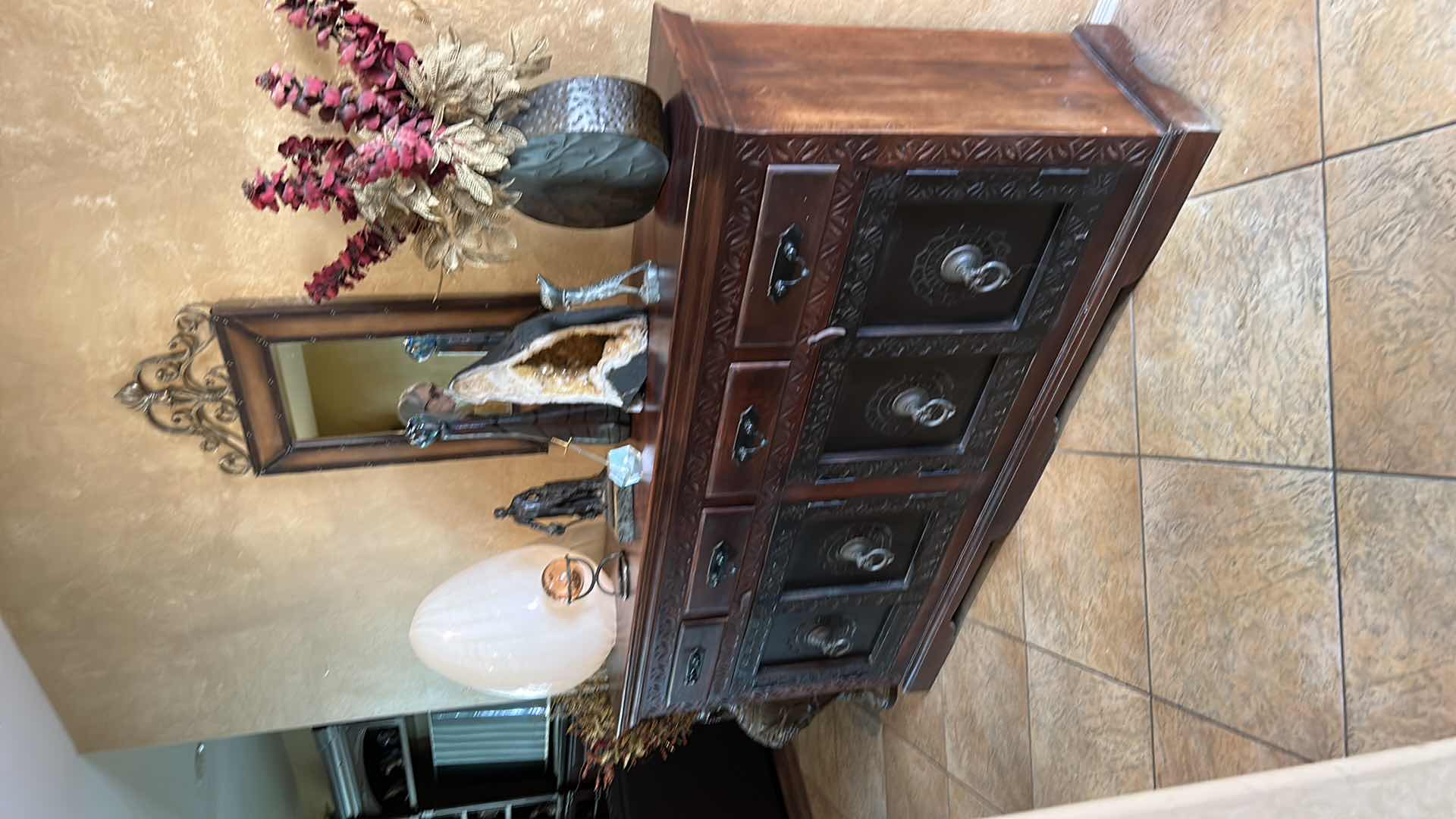 Photo 1 of LARGE HEAVY WOOD CARVED SIDEBOARD WITH METAL HARDWARE (All other items sold separately) 
82” x 18” x 41”