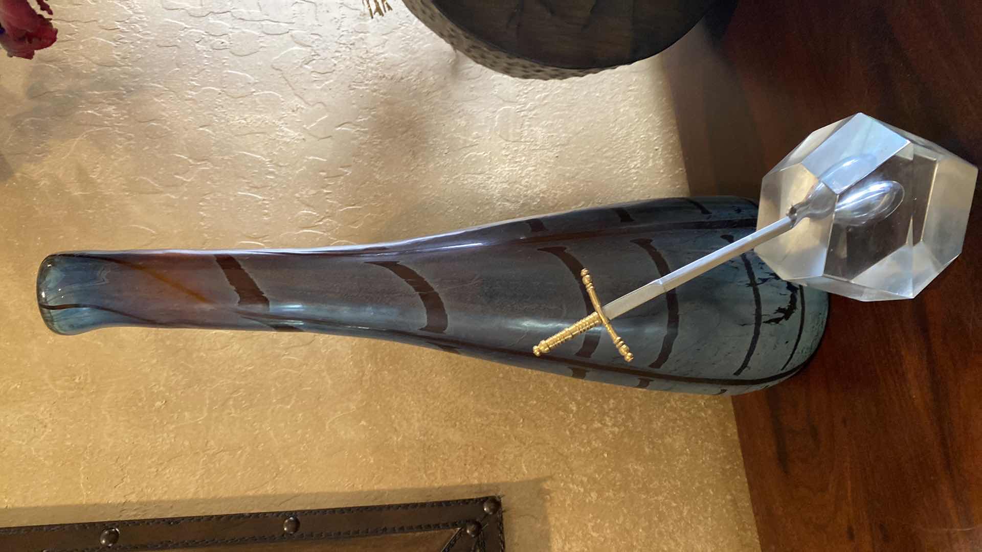 Photo 1 of GLASS BLOWN VASE FROM INDIA H 19” AND GLASS PAPER WEIGHT WITH SWORD