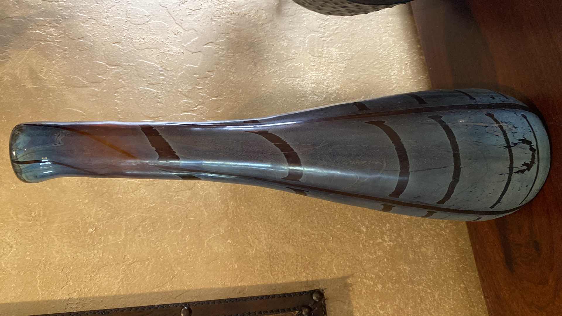 Photo 1 of GLASS BLOWN VASE FROM INDIA H 19” AND GLASS PAPER WEIGHT WITH SWORD