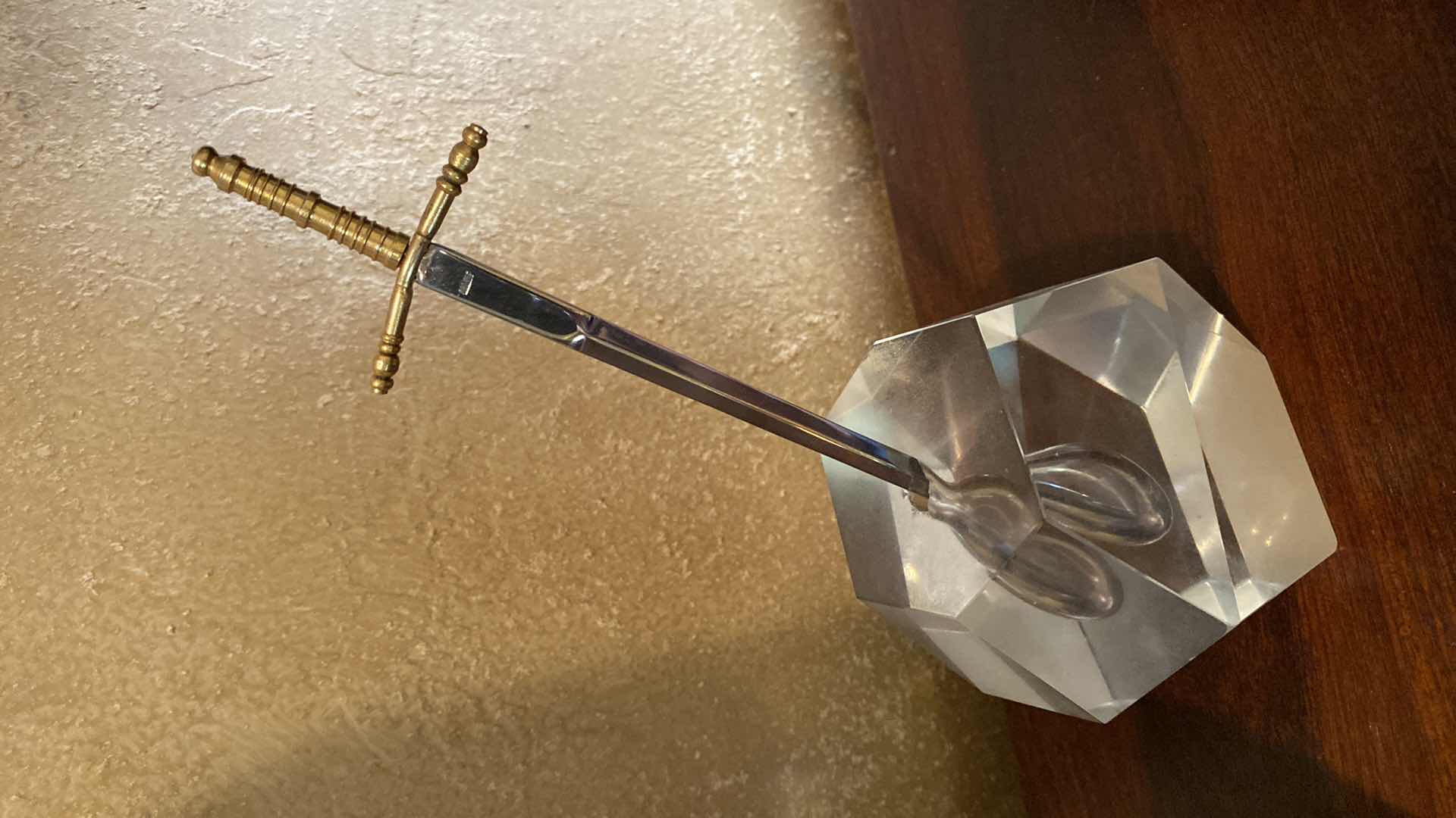 Photo 1 of GLASS BLOWN VASE FROM INDIA H 19” AND GLASS PAPER WEIGHT WITH SWORD