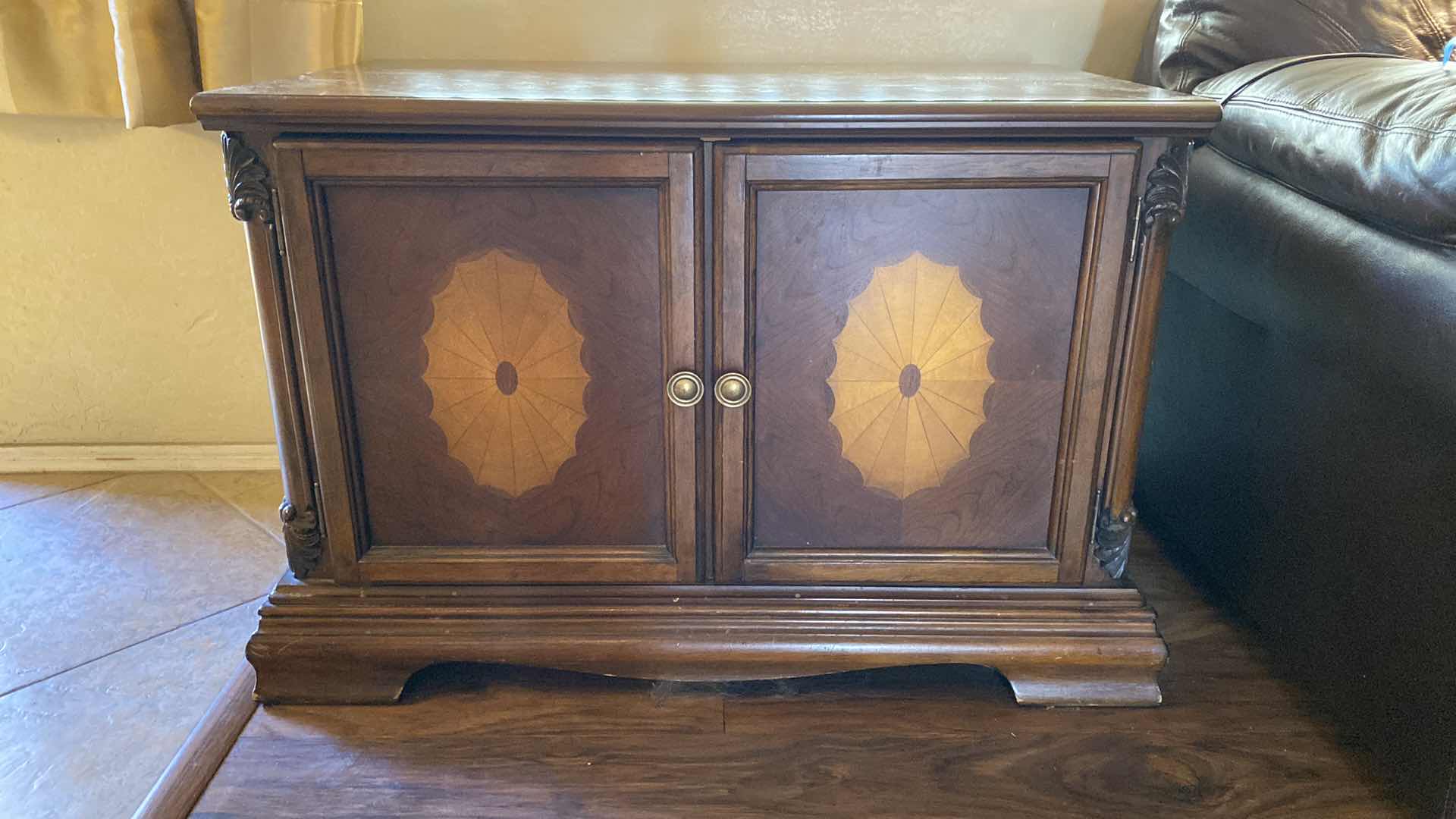 Photo 1 of DARK WOOD WITH INLAY 2 DOOR CABINET WITH SHELF 37“ x 22“ H 26”