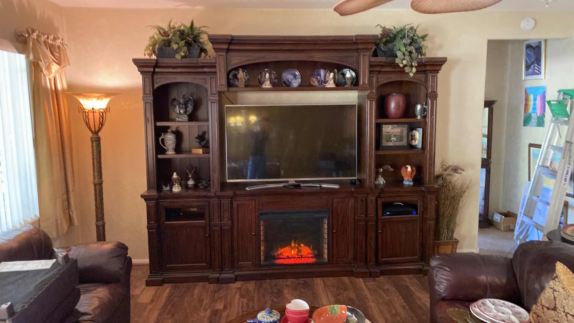 Photo 1 of 6 PIECE SOLID WOOD ENTERTAINMENT CENTER WITH ELECTRIC FIREPLACE 115” X 18” H 84” NOTE: GLASS AND DOOR PANEL FOR BOTTOM CABINET DOORS ARE IN BOXES!