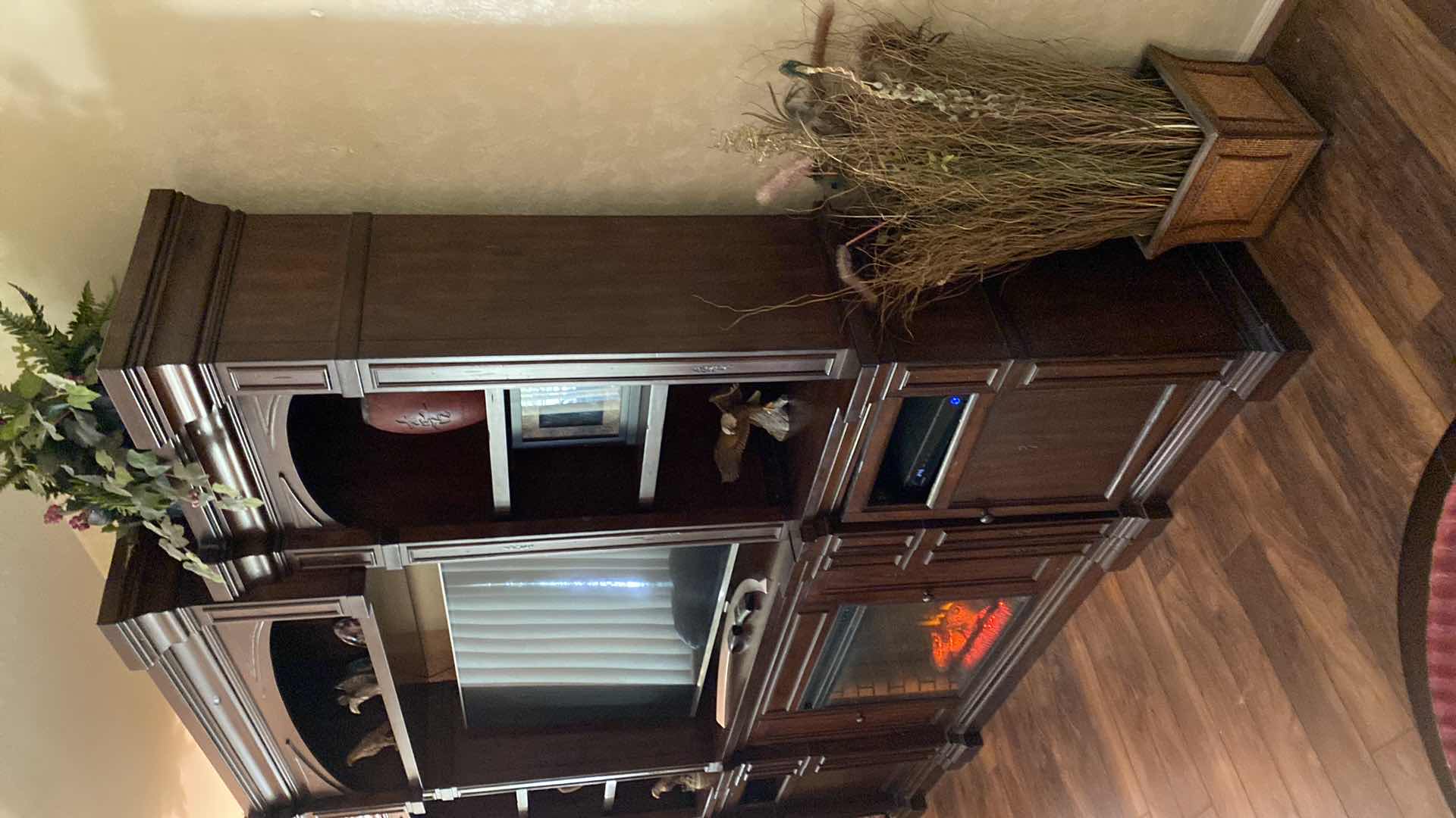 Photo 1 of 6 PIECE SOLID WOOD ENTERTAINMENT CENTER WITH ELECTRIC FIREPLACE 115” X 18” H 84” NOTE: GLASS AND DOOR PANEL FOR BOTTOM CABINET DOORS ARE IN BOXES!