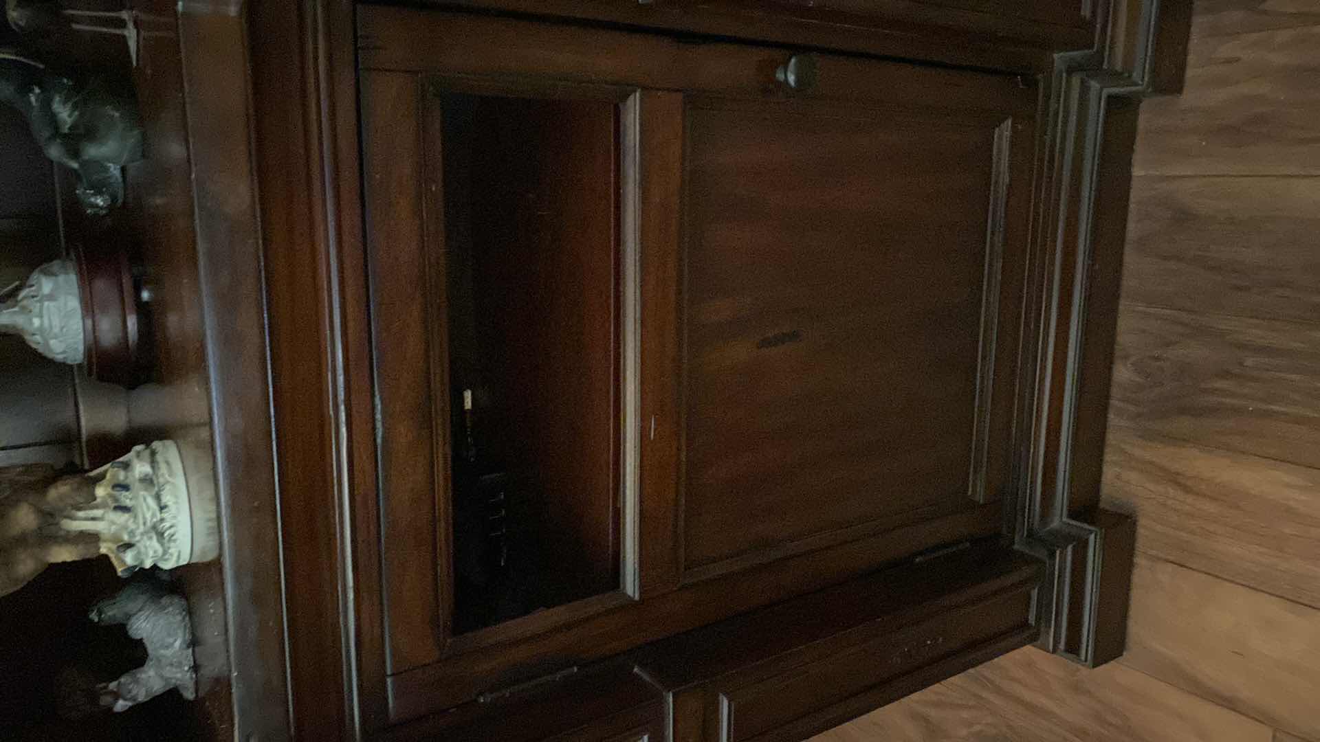 Photo 1 of 6 PIECE SOLID WOOD ENTERTAINMENT CENTER WITH ELECTRIC FIREPLACE 115” X 18” H 84” NOTE: GLASS AND DOOR PANEL FOR BOTTOM CABINET DOORS ARE IN BOXES!