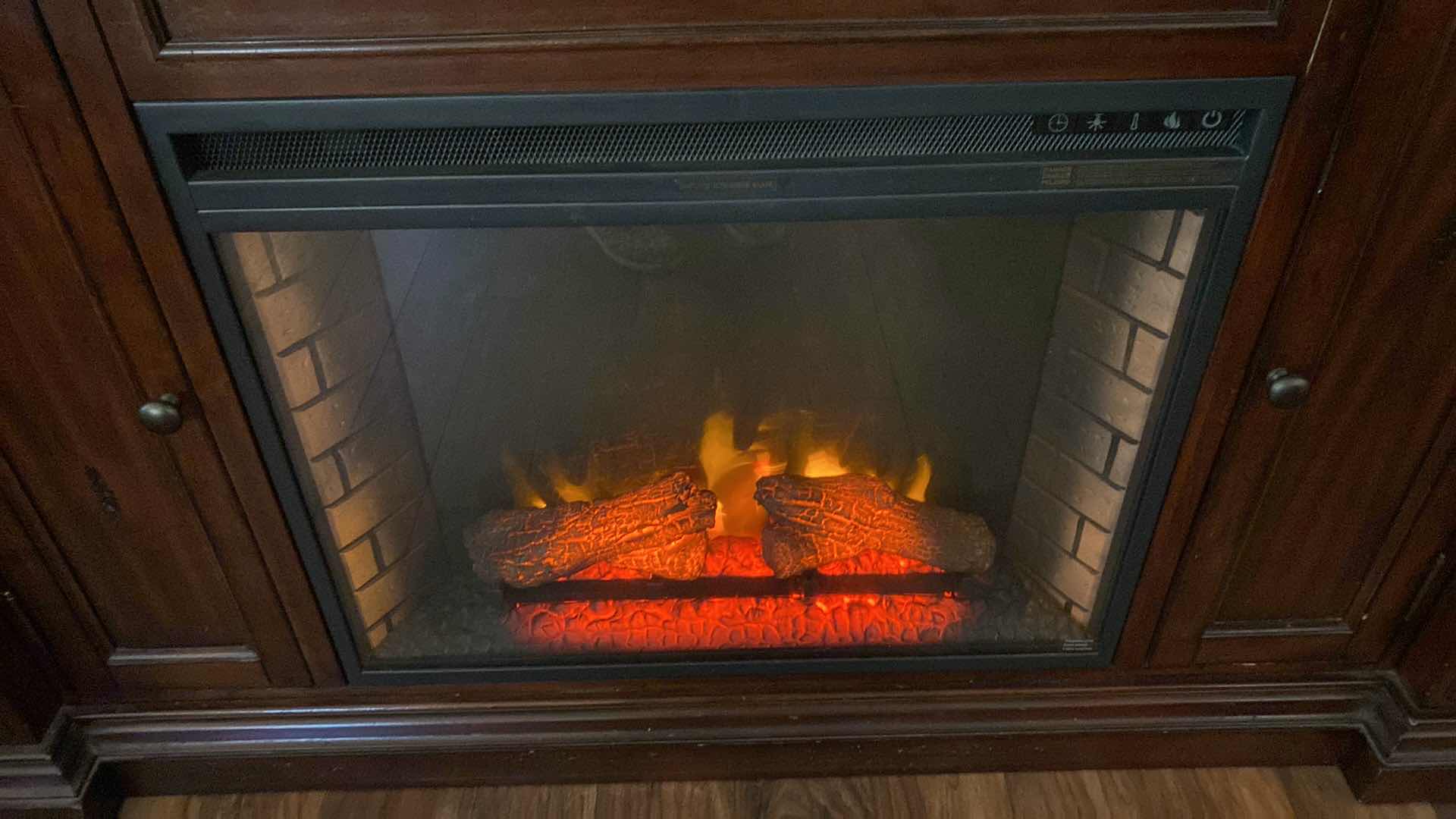 Photo 1 of 6 PIECE SOLID WOOD ENTERTAINMENT CENTER WITH ELECTRIC FIREPLACE 115” X 18” H 84” NOTE: GLASS AND DOOR PANEL FOR BOTTOM CABINET DOORS ARE IN BOXES!