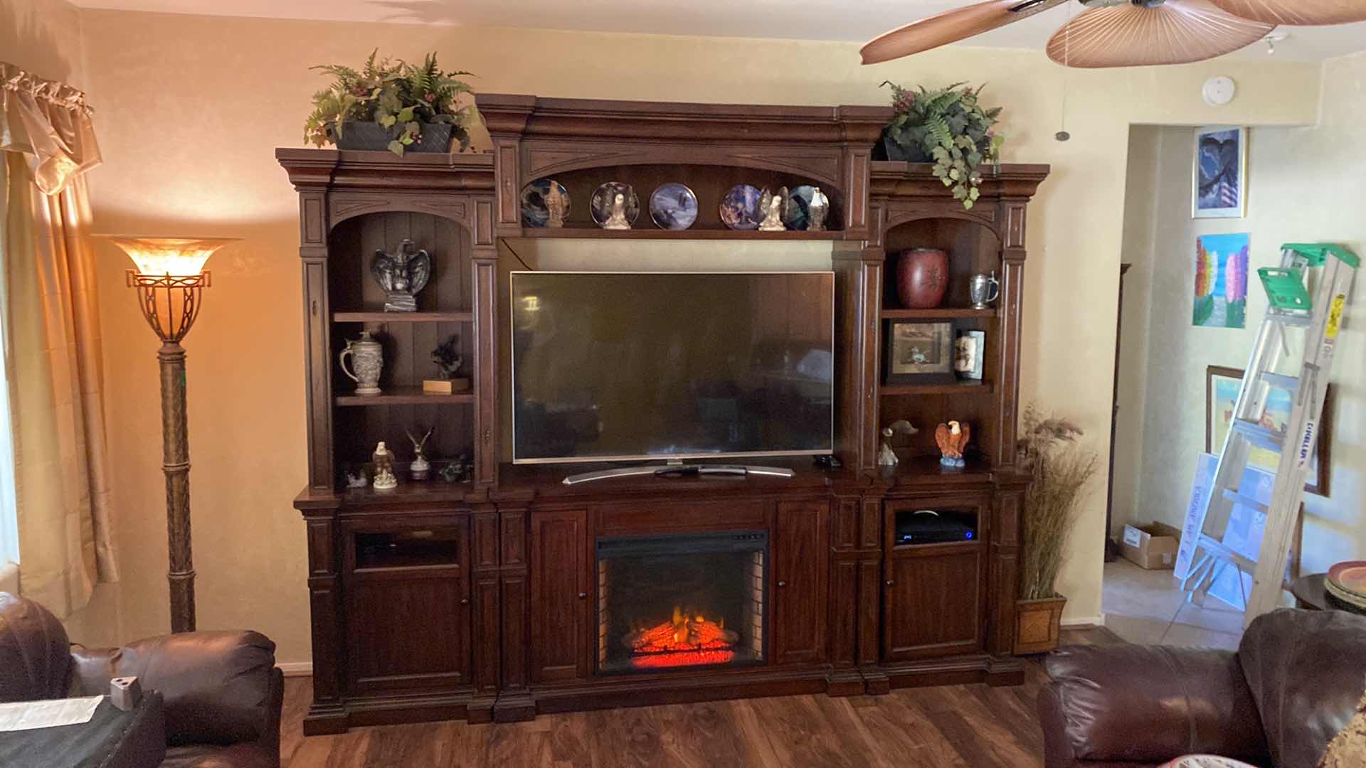 Photo 1 of 6 PIECE SOLID WOOD ENTERTAINMENT CENTER WITH ELECTRIC FIREPLACE 115” X 18” H 84” NOTE: GLASS AND DOOR PANEL FOR BOTTOM CABINET DOORS ARE IN BOXES!